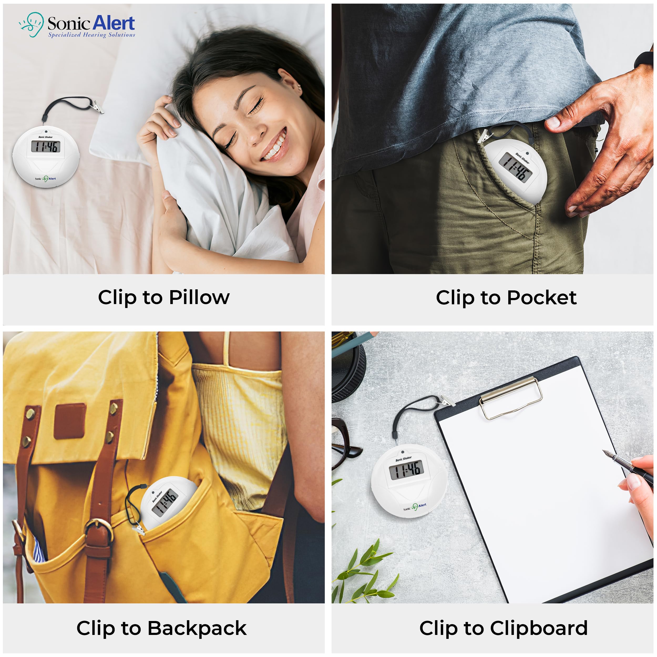 Sonic Alert Digital Alarm Clock for Heavy Sleepers - Battery Operated Vibrating Travel Alarm Clock with Bed Shaker & Under Pillow Vibration - White | Perfect for Deep Sleepers, Travel, and Hearing Impaired Users