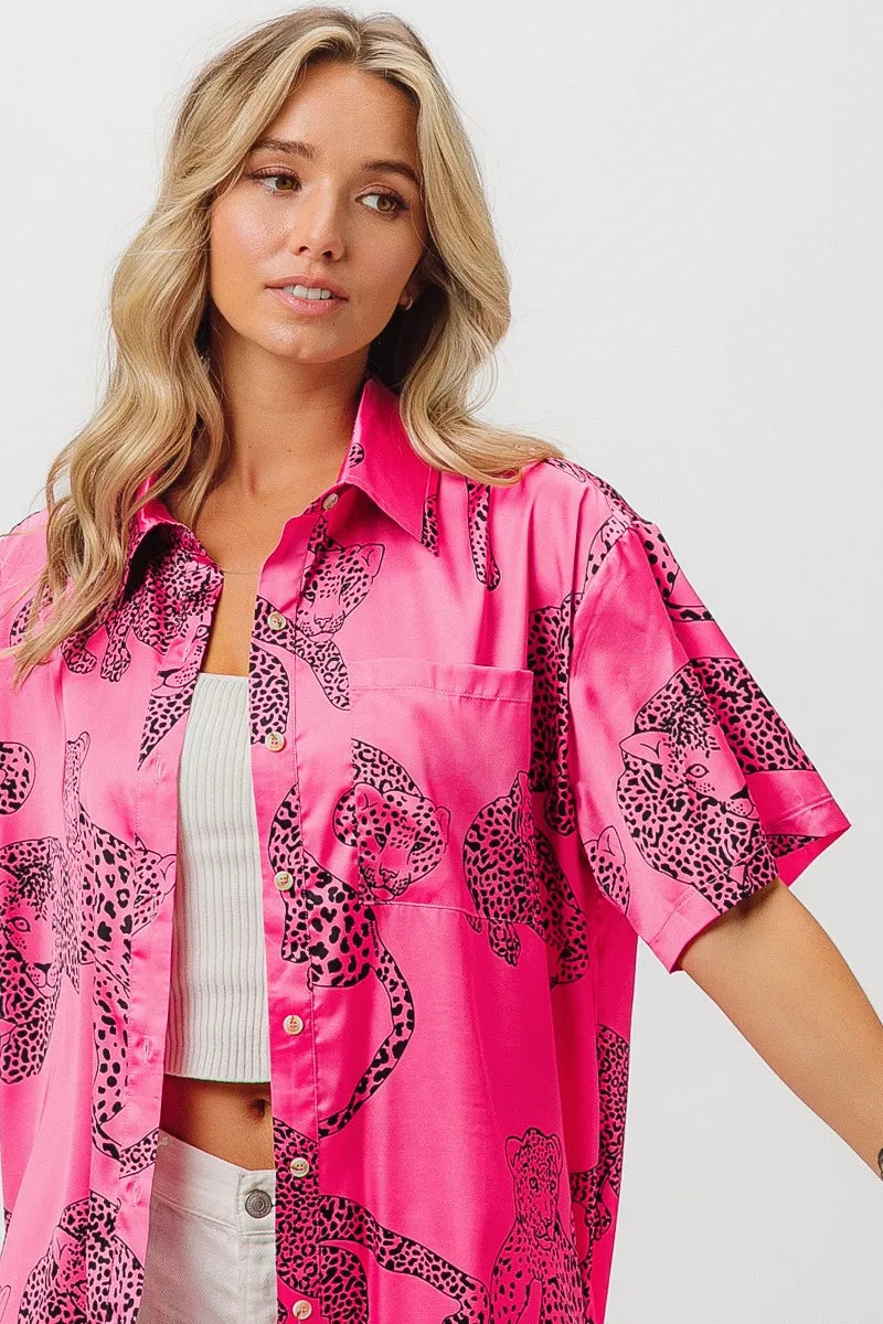 BiBi Leopard Print Short Sleeve Silky Satin Shirt Top for Women - Fashion Blouse for Casual Wear, Night Out & Office Outfits