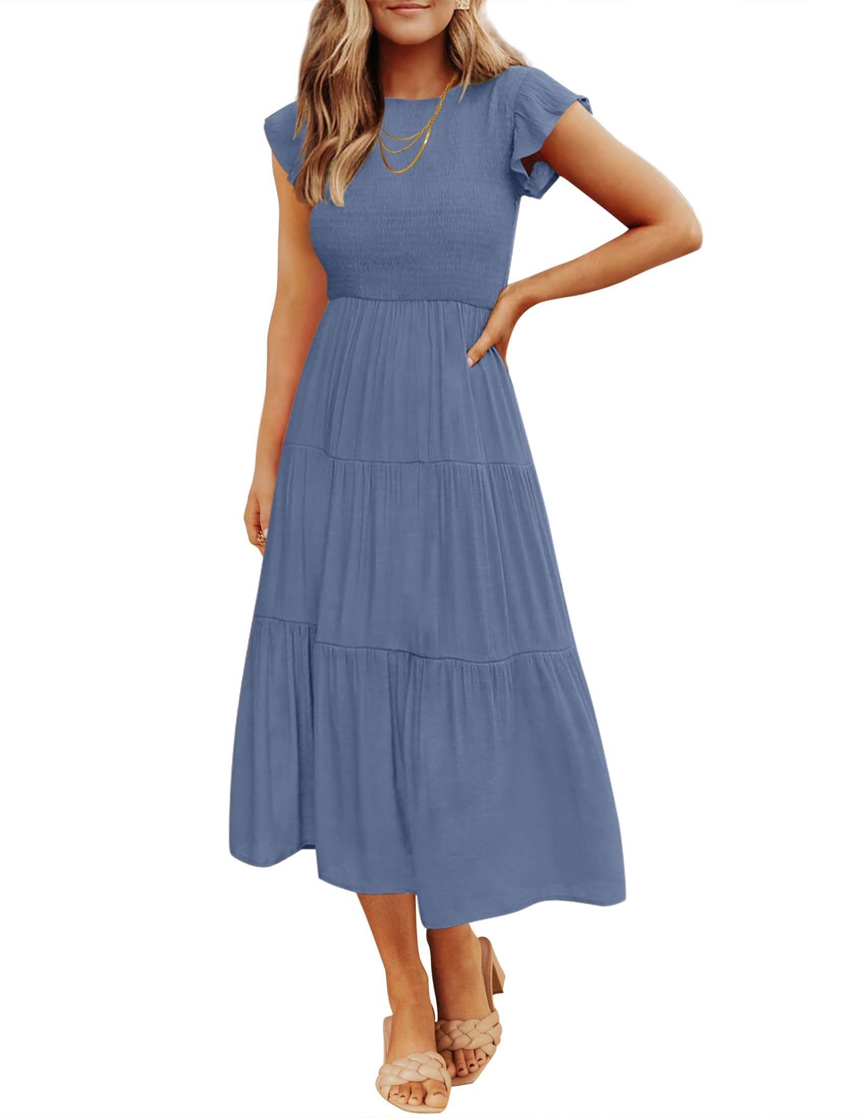 ZESICA Women's Summer Flutter Short Sleeve Smocked Waist Tiered Midi Dress - Casual Crew Neck Elastic Waist Flowy Dress for Beach, Vacation & Everyday Wear