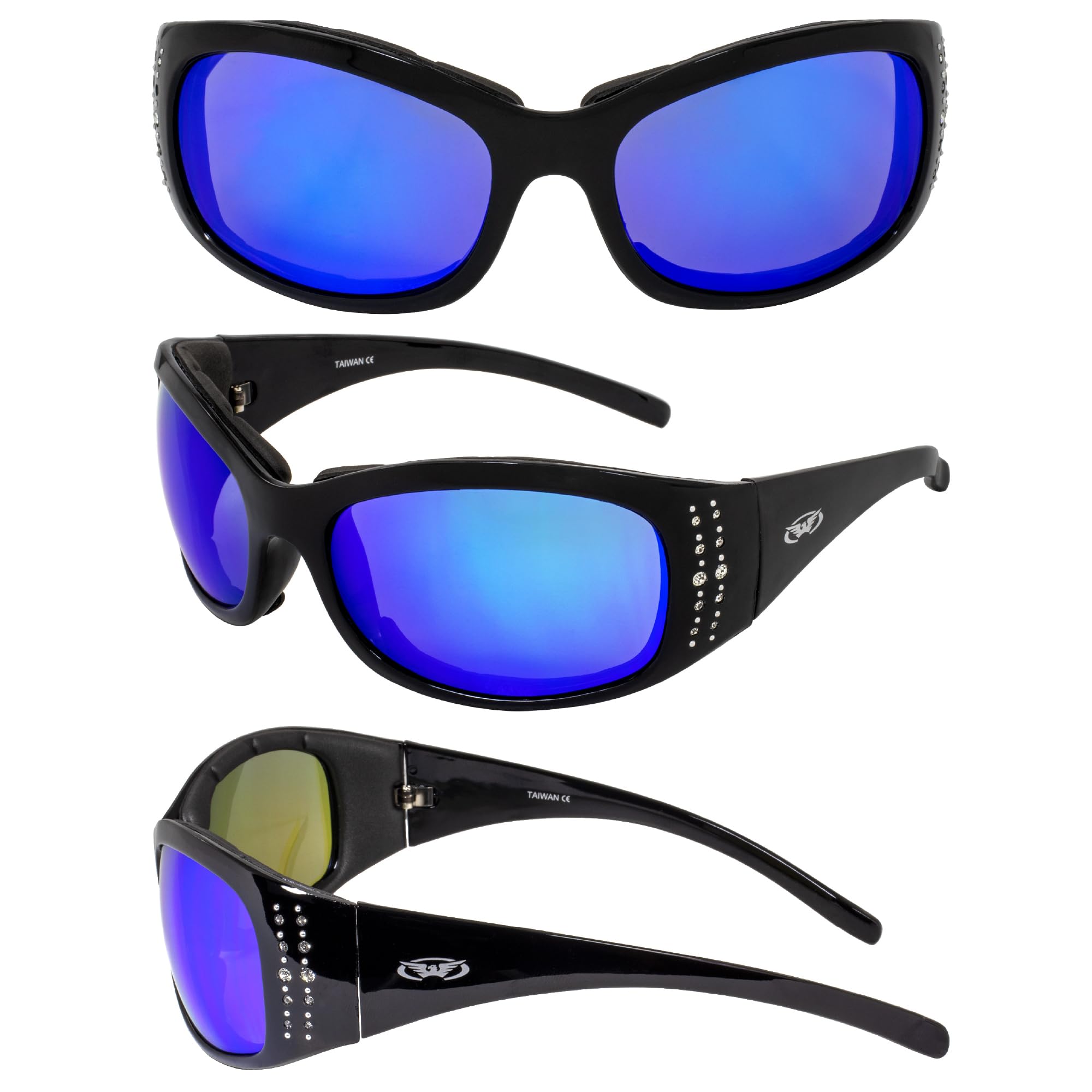 Global Vision Marilyn 2 Plus Padded Motorcycle Glasses for Women - 4 Pairs with Clear, Smoke, Driving Mirror & Blue Mirror Lenses - Perfect for Riding, Driving & Outdoor Sports
