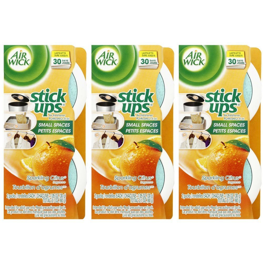 Air Wick Stick Ups Small Spaces Air Freshener Refills - Sparkling Citrus Scent, 6 Count (3 Packs of 2) - Perfect for Bathrooms, Closets & Offices