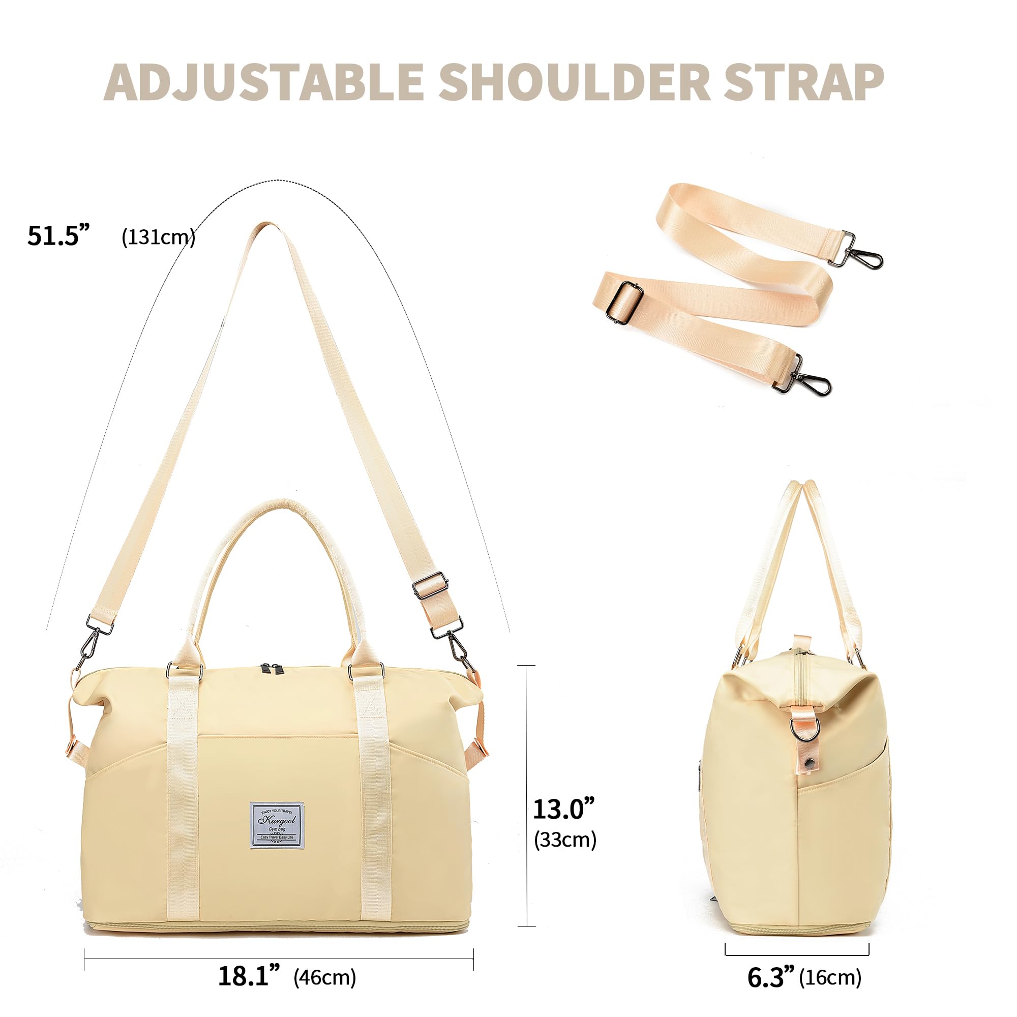 Foldable Waterproof Gym Bag with Wet Pocket - Durable Travel Duffle & Weekender Carry On Bag for Women - Perfect for Gym, Yoga, Sports & Overnight Trips