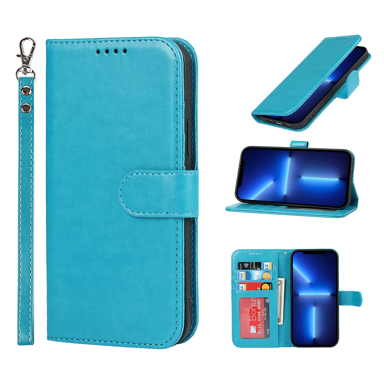 Premium PU Leather iPhone 13 Pro Max Wallet Case with Card Holder & Magnetic Closure - Shockproof TPU Flip Folio Phone Cover with Stand Feature & Wrist Strap (Blue) - Perfect for Business, Travel & Everyday Protection