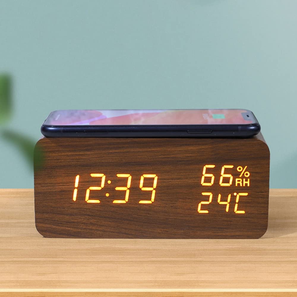 Digital Alarm Clock with Temperature & Humidity Display - Wireless Charger for Smartphones, LED Display, Brown - Perfect for Bedroom, Office, and Travel Use