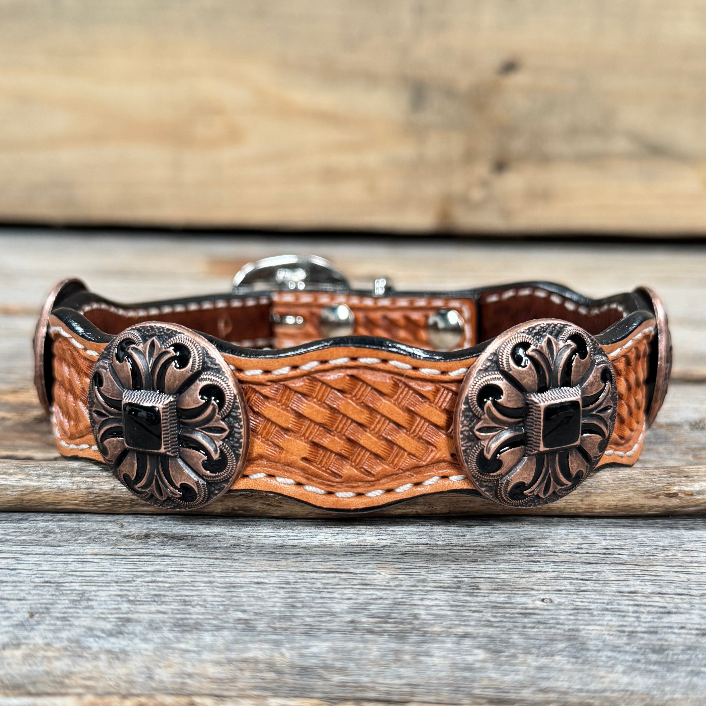 Premium Genuine Leather Dog Collar with Black Fleur De Lis Conchos - Adjustable Size 12