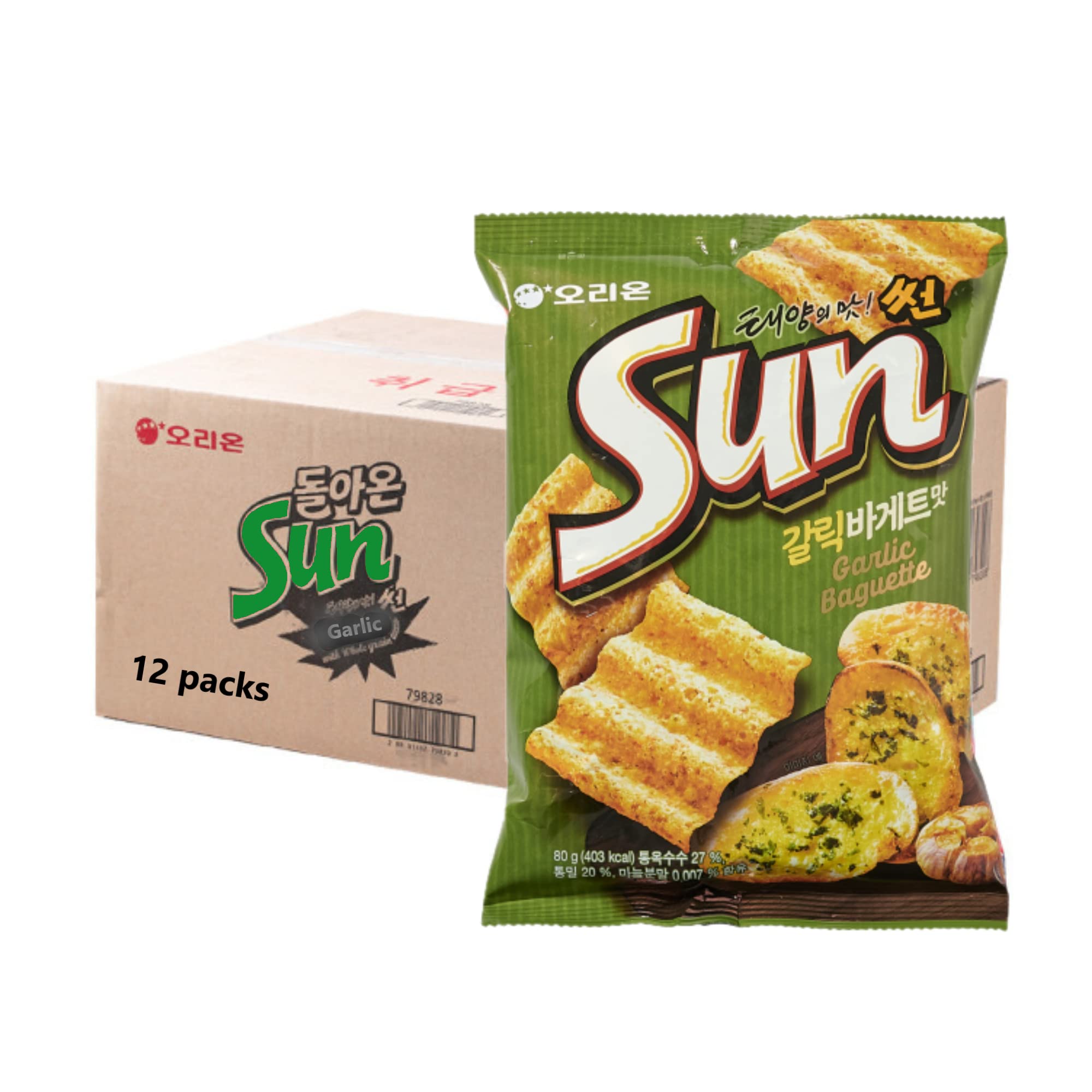 Orion Sunchip Cornchip Based Garlic Baguette & Hot Spicy Korean Snack (135g) - Large Size Garlic Flavored Chips (12-Pack Box) - Perfect for Parties, Movie Nights & Korean Food Pairing