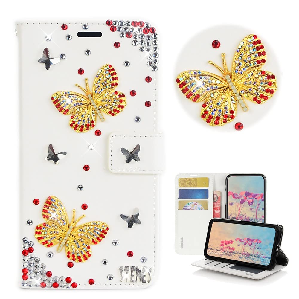 STENES Bling Wallet Phone Case for Moto Edge 5G UW - 3D Crystal Butterfly Magnetic Cover - White for Women's Fashion & Daily Use