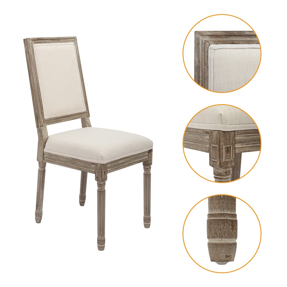 Farmhouse Dining Chairs Set of 2 - Distressed Square Back Accent Chairs for Kitchen, Bedroom & Living Room - Beige Fabric Upholstered Side Chairs for Home Decor