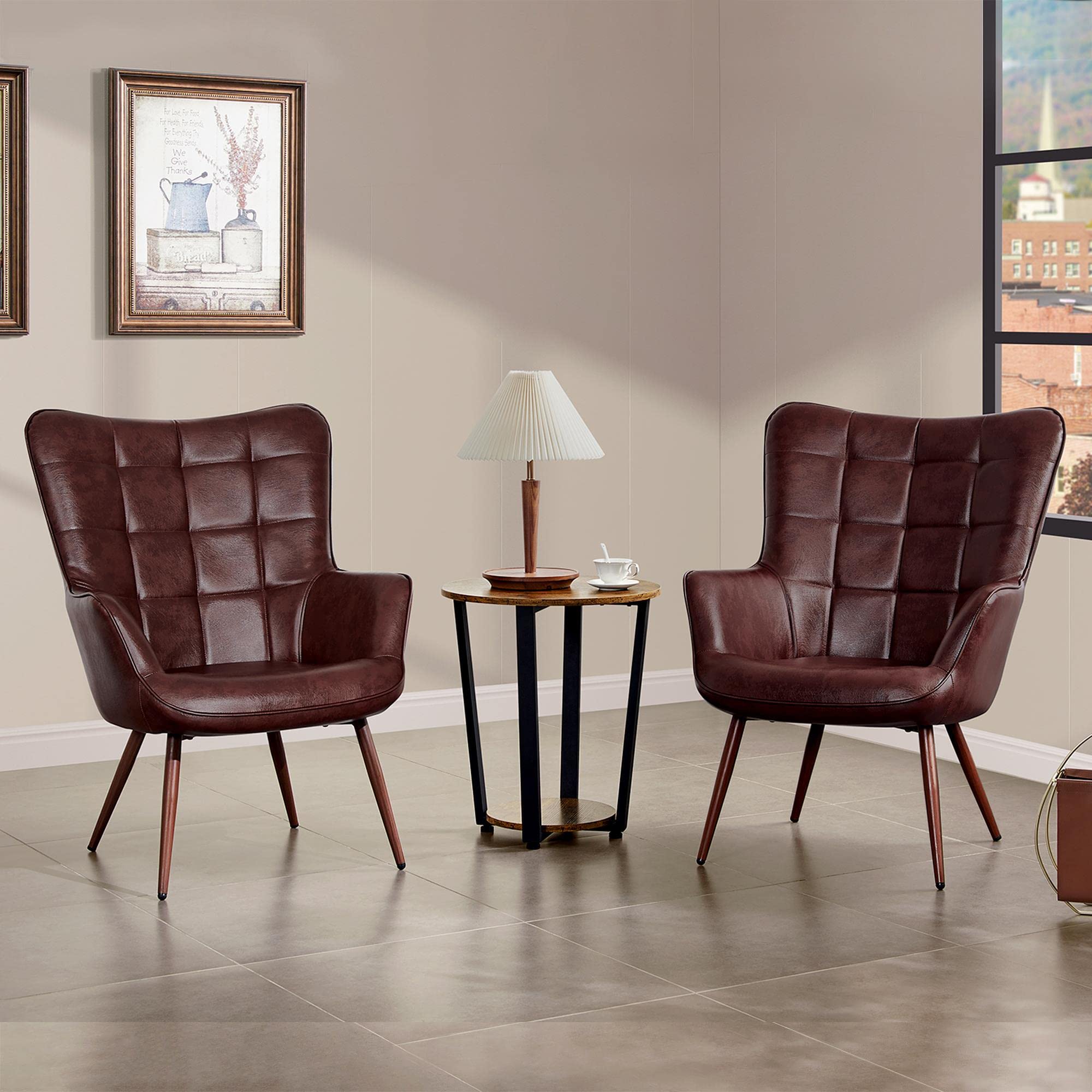 Yaheetech Mid-Century Modern PU Leather Armchair - Tufted High Back Accent Chair with Tapered Legs for Living Room, Home Office & Bedroom - Chestnut Brown (Set of 2) | Perfect for Reading Nooks, Cozy Corners & Contemporary Home Decor
