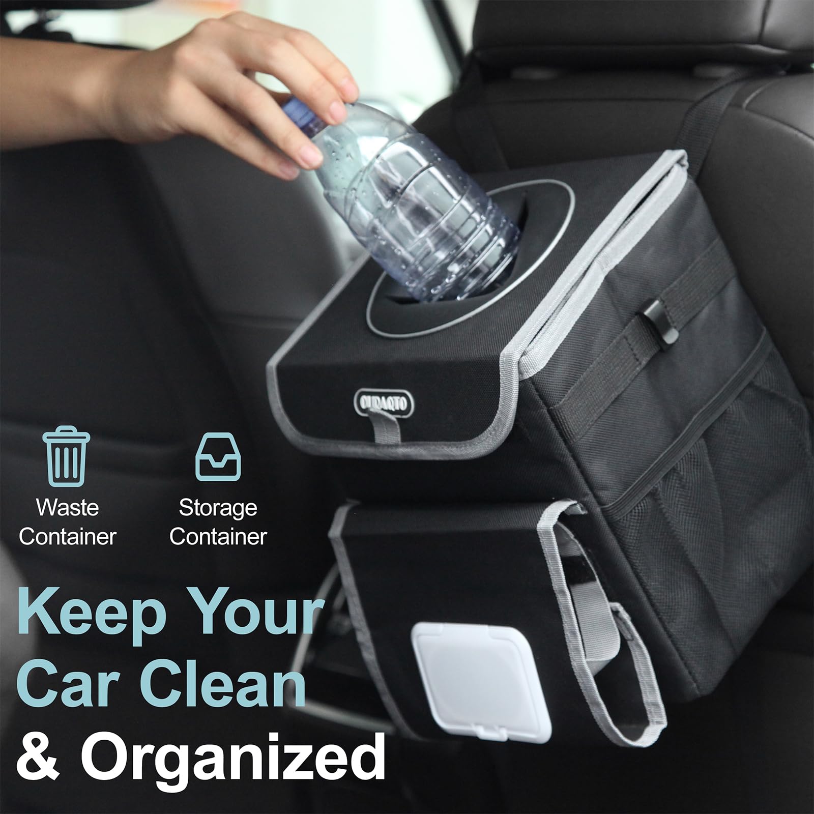 **Leakproof Car Trash Can for Back Seat - 2 Gallon Adjustable Car Garbage Bin with Removable Liners & Tissue Holder - Perfect for SUV, Sedan, Road Trips & Daily Commute (Black)**