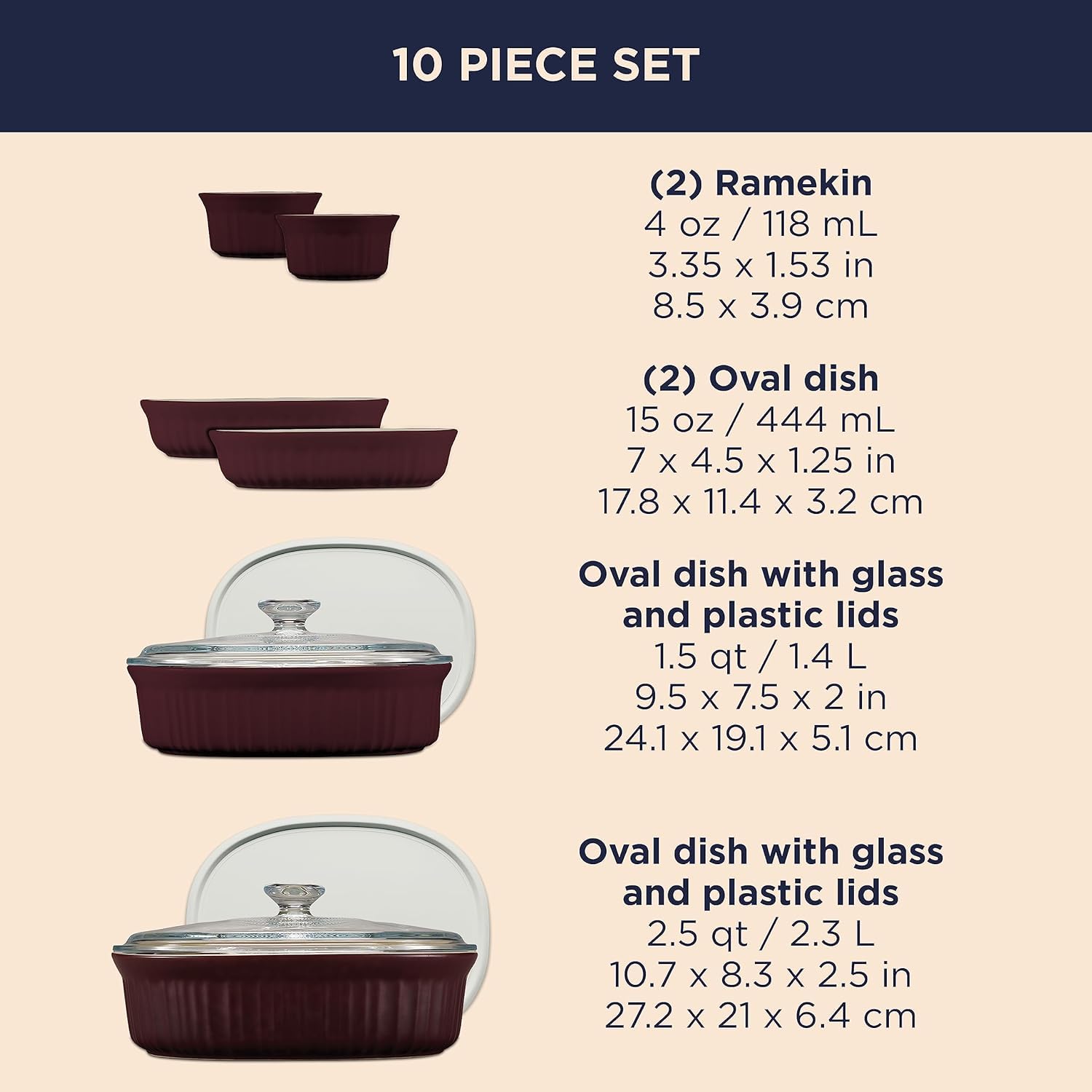 CorningWare 10-Piece Ceramic Bakeware Set with Lids - Chip & Crack Resistant Stoneware Baking Dishes - Oven, Microwave, Dishwasher, Freezer & Fridge Safe - French Cabernet Design for Baking, Roasting & Meal Prep