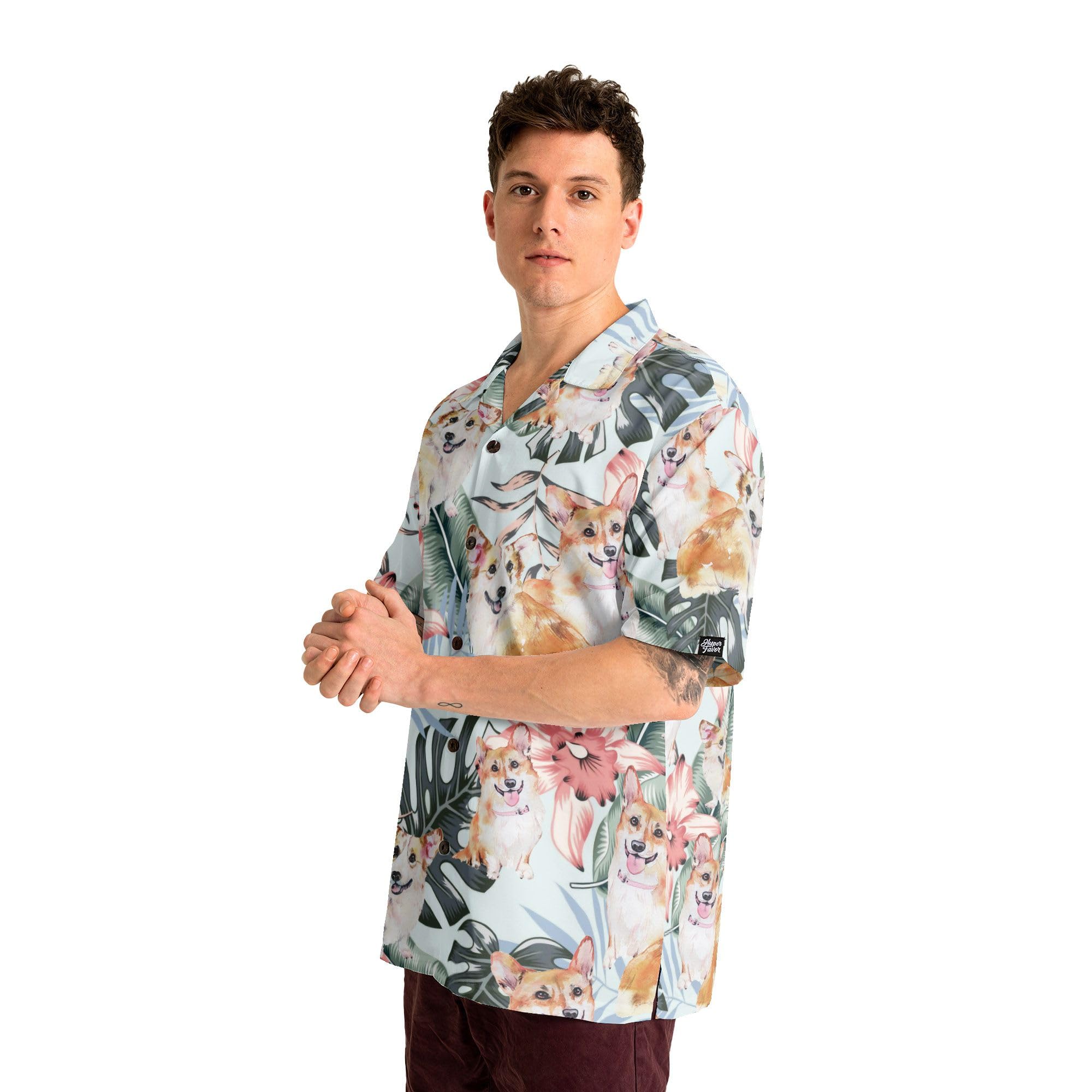 HYPERFAVOR Men's Corgi Hawaiian Shirt - Cute Button Down Dog Lover Gift - Casual Summer Beach Shirt for Corgi Owners & Puppy Enthusiasts