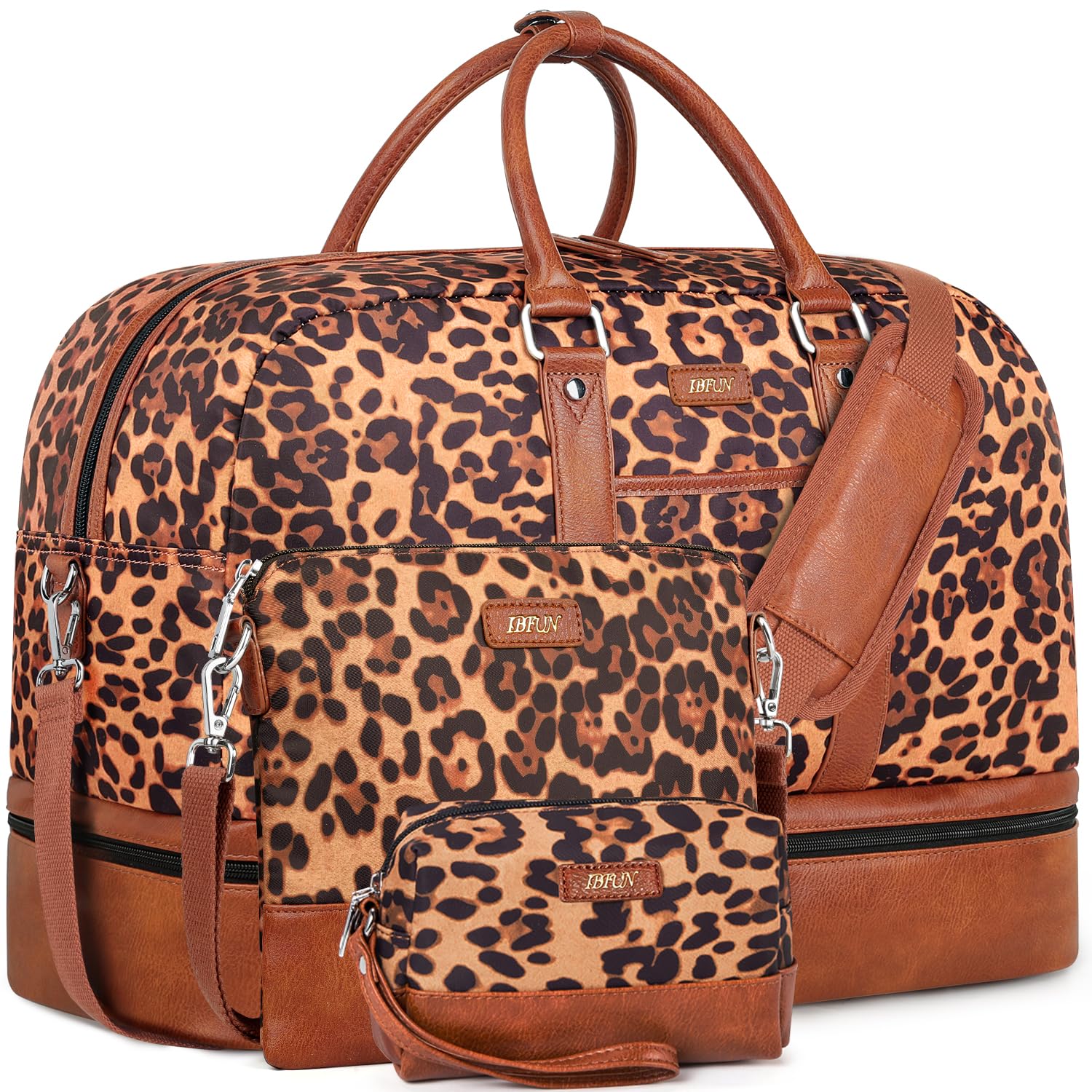 IBFUN Women's Weekender Bag - Large Canvas Overnight Travel Duffel with Shoe Compartment, Carry On Tote Bag (21 Inch, 3 Piece Set) - Perfect for Weekend Getaways, Gym & Air Travel