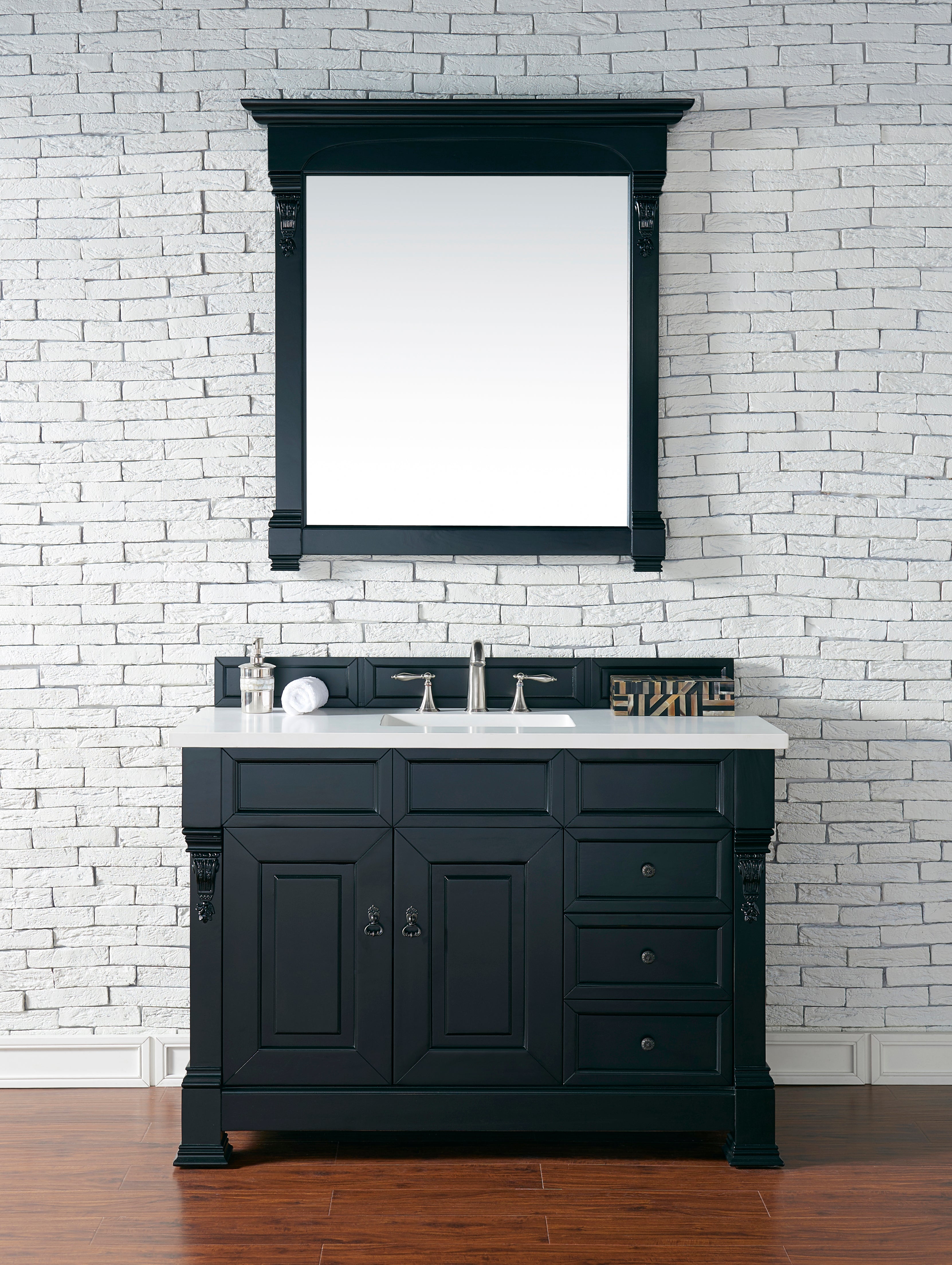 Brookfield 48 Inch Single Bathroom Vanity Set - Antique Black Finish with 3CM White Zeus Quartz Countertop for Modern & Traditional Bathrooms
