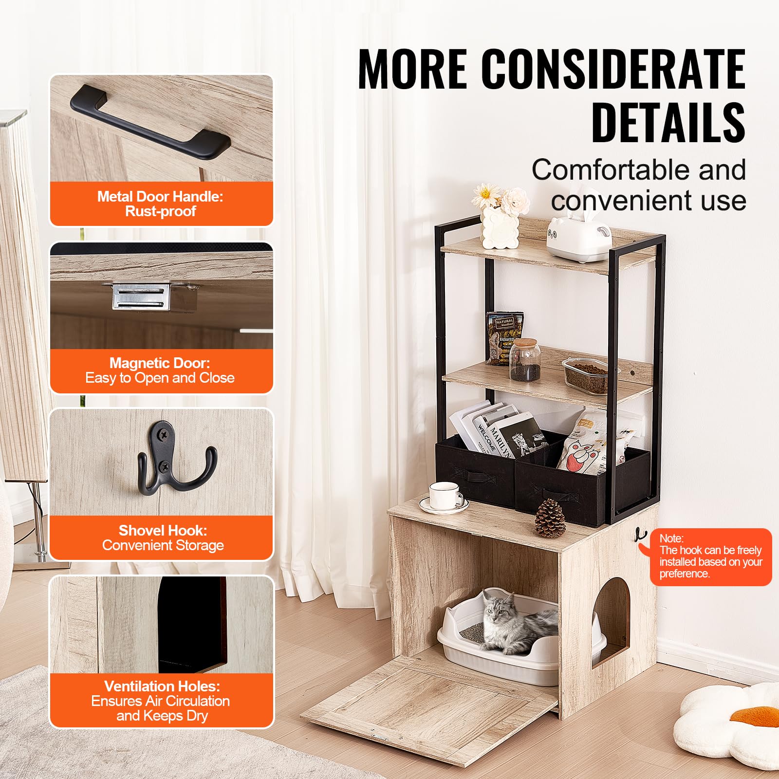 VEVOR Wooden Cat Litter Box Enclosure Furniture with 2 Storage Shelves & Baskets - Hidden Indoor Cat Washroom Cabinet for Large Litter Boxes, 23.6