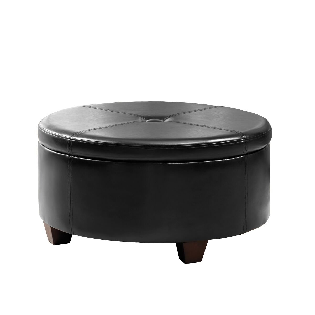 Homepop Upholstered Faux Leather Round Storage Ottoman with Tufted Button Top - Large Decorative Footstool for Living Room & Bedroom - Perfect for Extra Seating, Storage & Home Decor (Black)