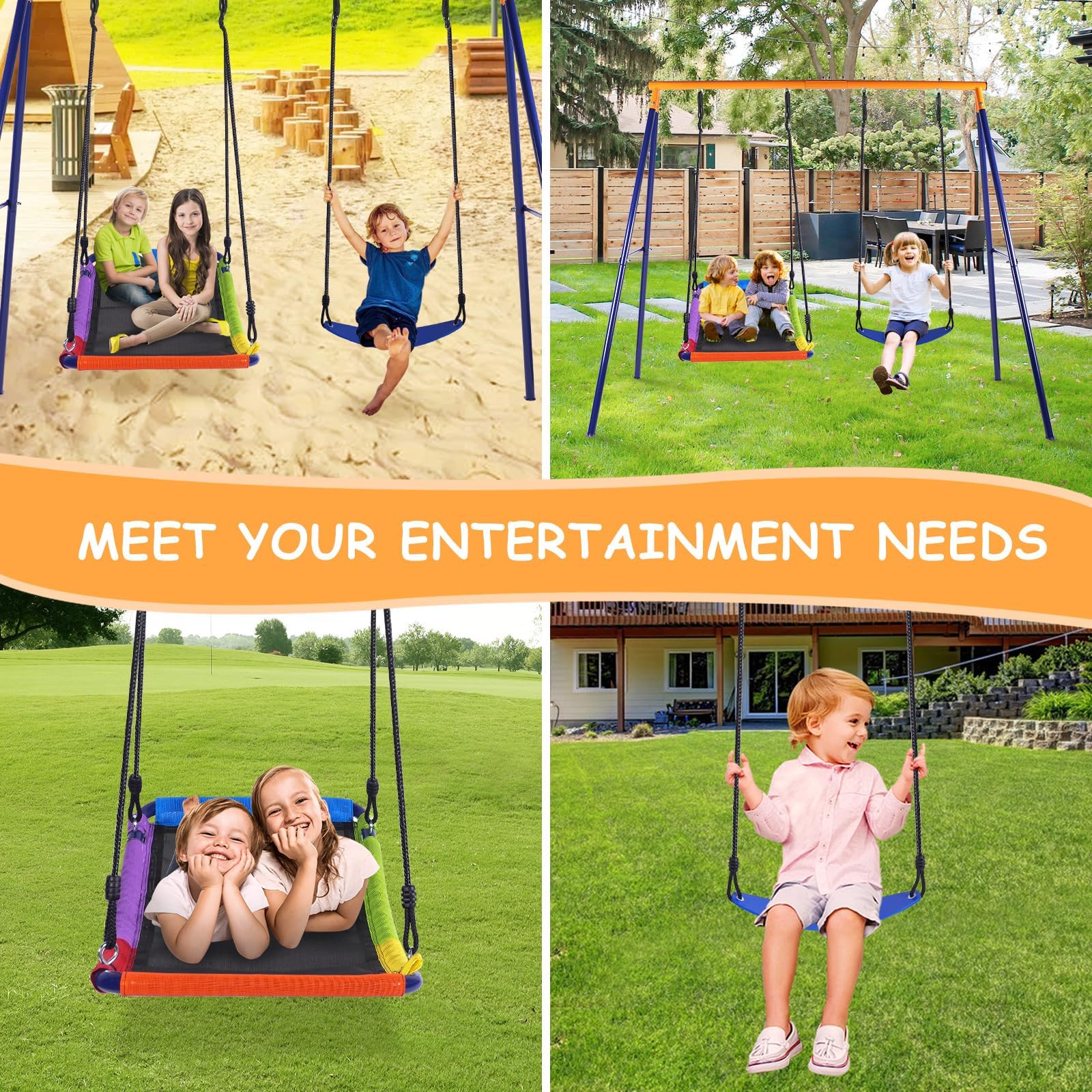 Durable 440lbs Heavy-Duty Metal A-Frame Swing Set for Backyard - Includes 1 Rectangle Platform Swing & 1 Kids Swing Seat - Perfect for Outdoor Play, Family Fun & Backyard Entertainment