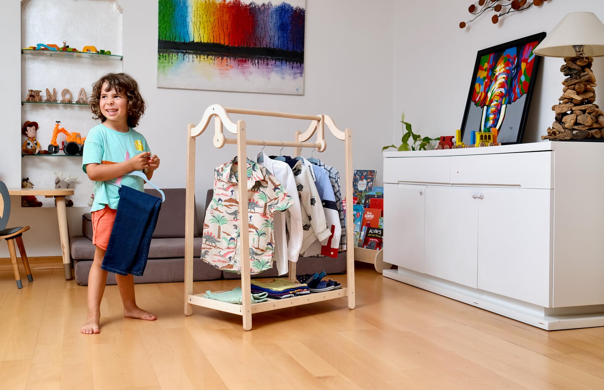 Montessori Kids Clothing Rack & Wardrobe Set - Premium Wooden Toddler Wardrobe with Dress Up Station | Child Room Clothes Organizer & Storage Solution | Perfect for Preschool Playrooms, Daycare Centers & Montessori Classrooms
