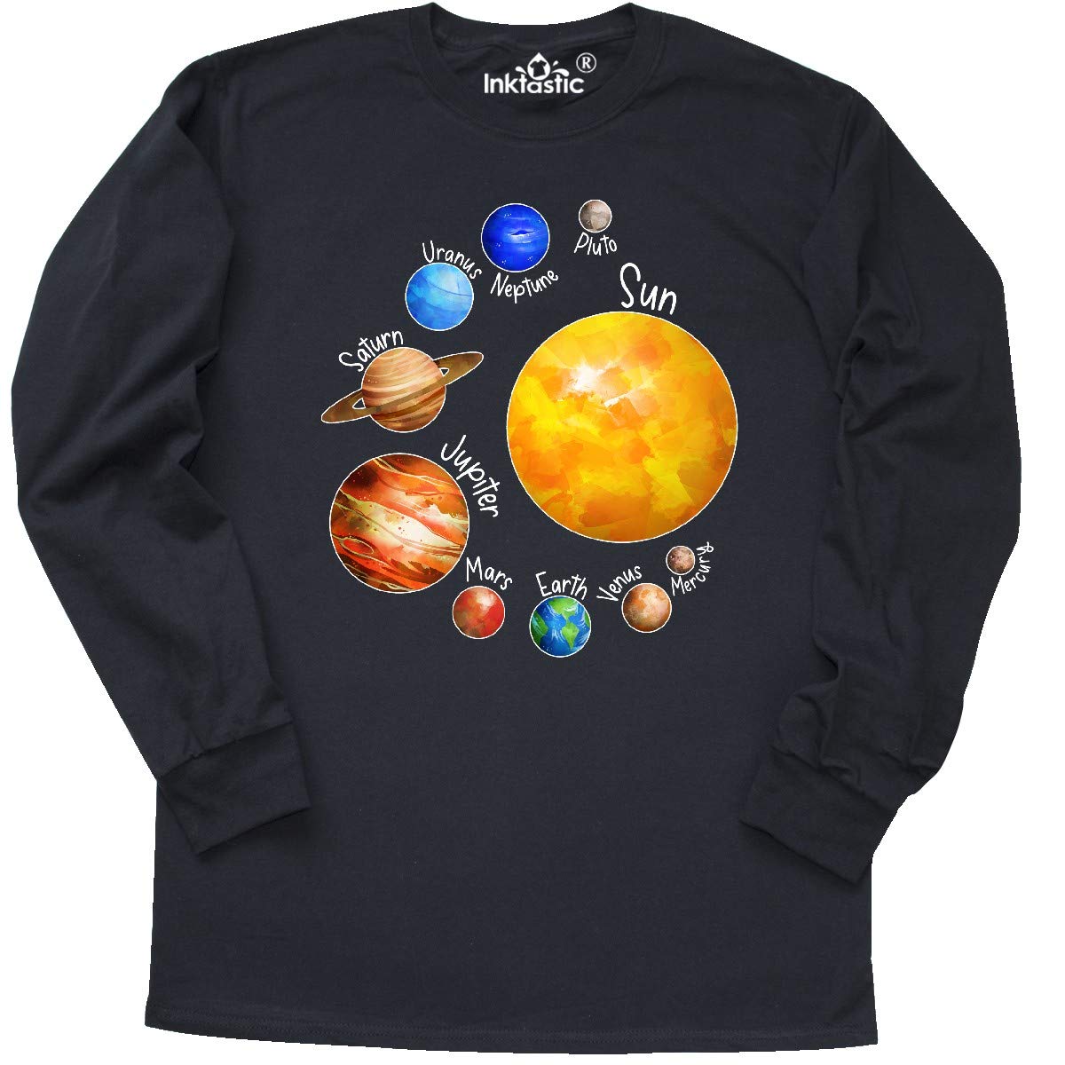 Inktastic Sun and Planets - Yes, and Pluto Long Sleeve T-Shirt for Men & Women | Space Astronomy Solar System Graphic Tee | Casual Wear, Gifts for Science Lovers, Space Enthusiasts