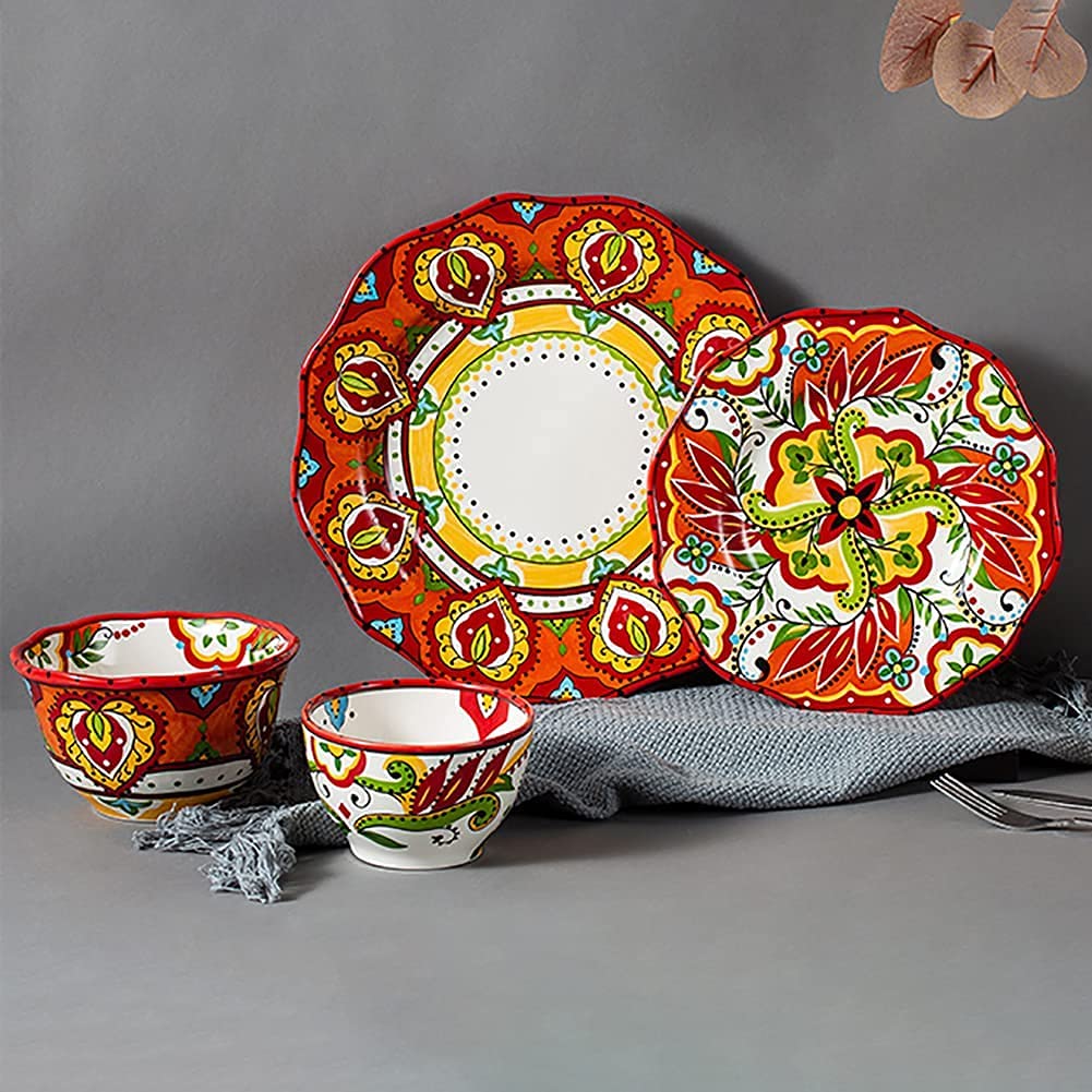 Exotic Style 6-Piece Ceramic Dinnerware Set - Hand Painted Red Plates & Bowls with Colorful Floral Patterns | Perfect for Carnival Parties, Home Dining, and Special Occasions