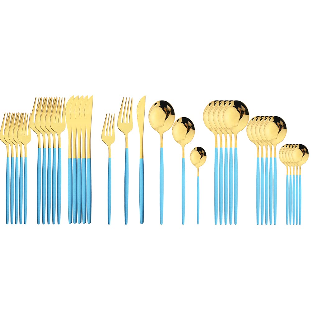 Premium 36-Piece Stainless Steel Silverware Flatware Set - Knife, Fork, Spoon & Teaspoon for Dinner, Dessert & Kitchen Use - Elegant Blue Gold Cutlery Set for Everyday Dining & Special Occasions