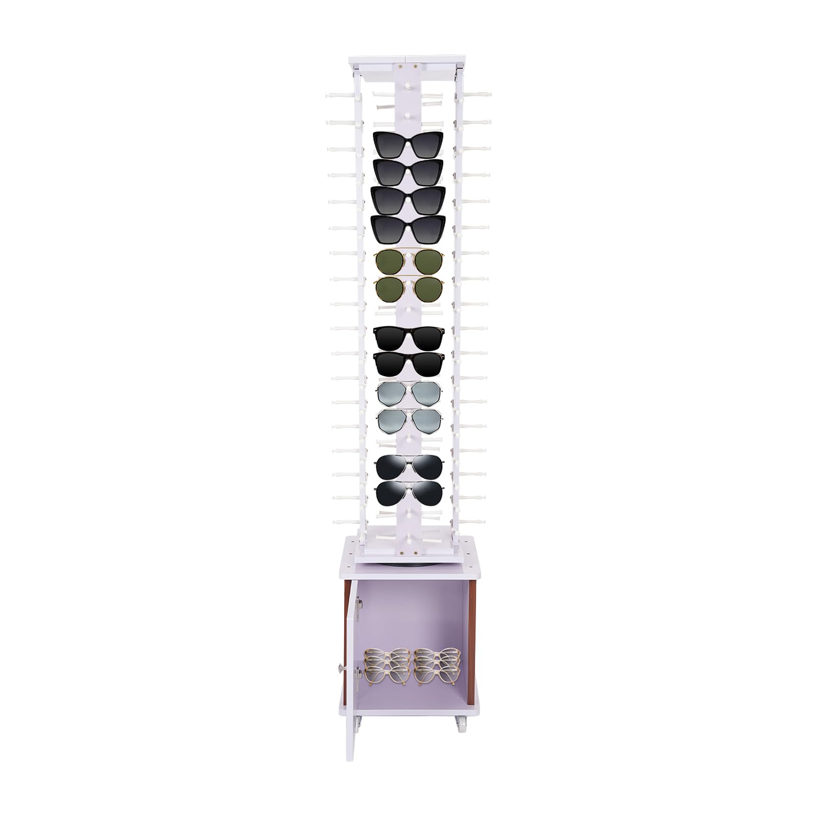 360° Rotating Glasses Storage Display Stand with Cabinet & Wheels - Purple Sunglasses Retail Floor Display Organizer Holds 72 Pairs - Perfect for Eyewear Stores, Boutiques & Optical Shops