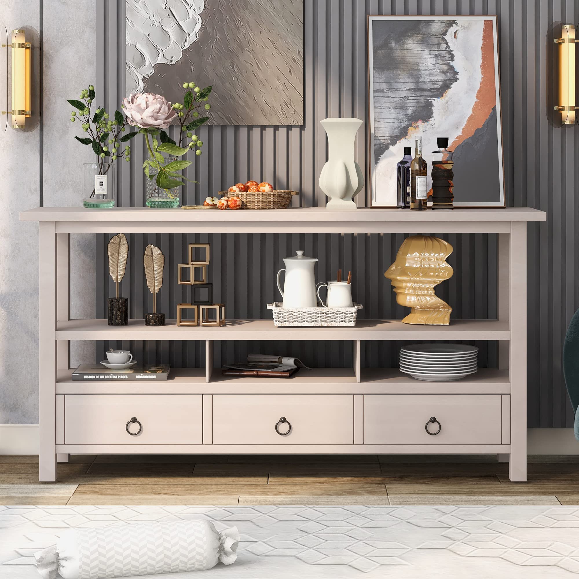 Rustic Solid Wood Console Table with 3 Drawers - 2-Tier Sofa Table for Living Room, Entryway & Hallway - Gray Wash Farmhouse Side Table for Home Decor & Storage