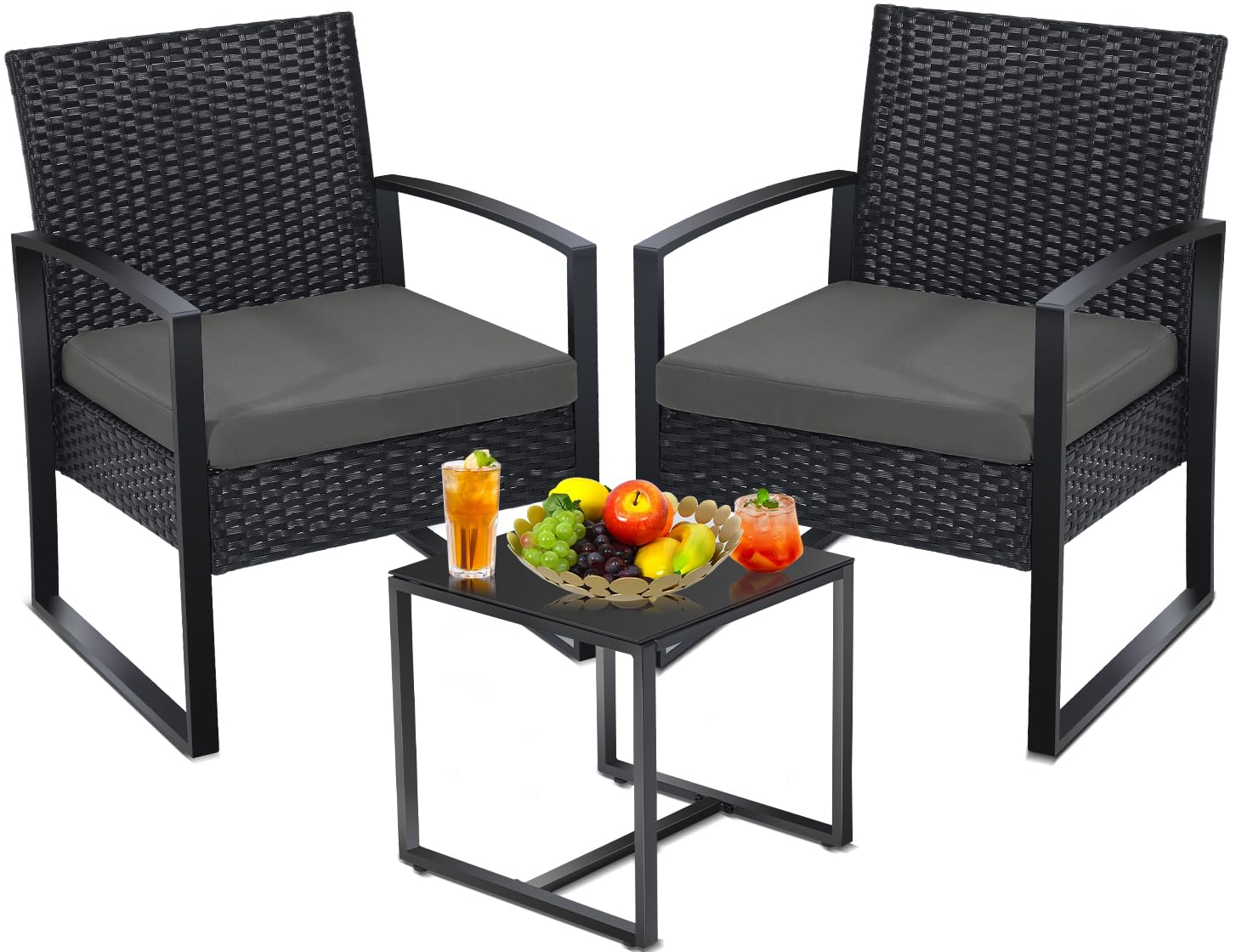 3-Piece Outdoor Wicker Bistro Set with Table & 2 Chairs - Black Frame & Gray Cushions for Patio, Porch, Balcony - Perfect for Relaxing, Entertaining & Outdoor Dining