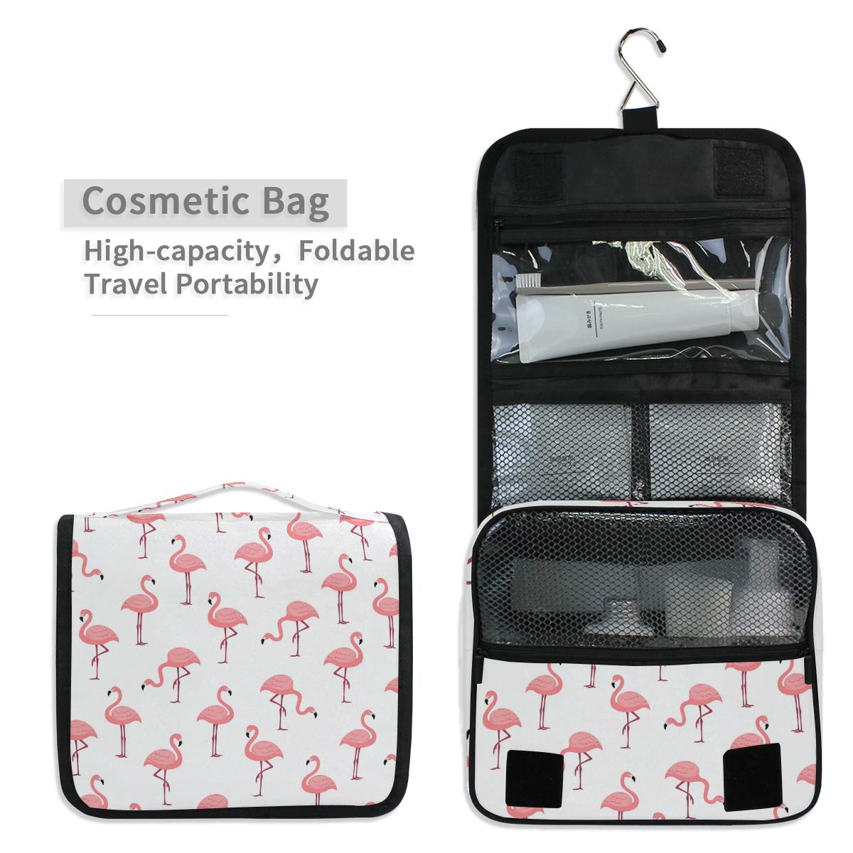 MOYYO Travel Hanging Toiletry Bag - Waterproof Cosmetic Organizer with Pink Flamingo Design for Women & Girls | Perfect for Makeup, Shower Essentials & Travel Accessories | Portable Cosmetic Pouch for Vacation, Gym & Daily Use