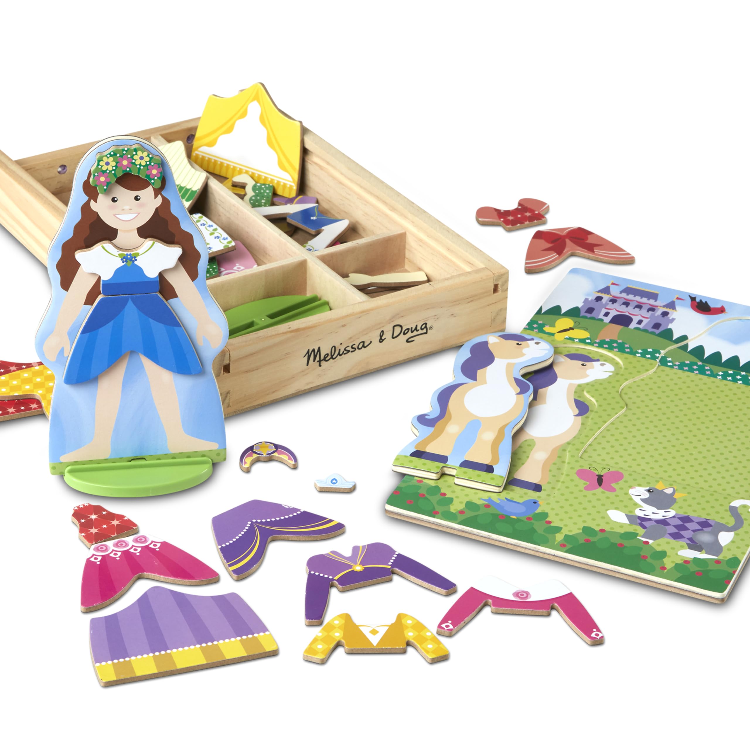 Melissa & Doug Princess & Horse Magnetic Dress-Up Wooden Doll Pretend Play Set - 35 Piece Wooden Magnetic Doll & Costume Set for Kids - Perfect for Imaginative Play, Birthday Gifts & Preschool Learning Activities