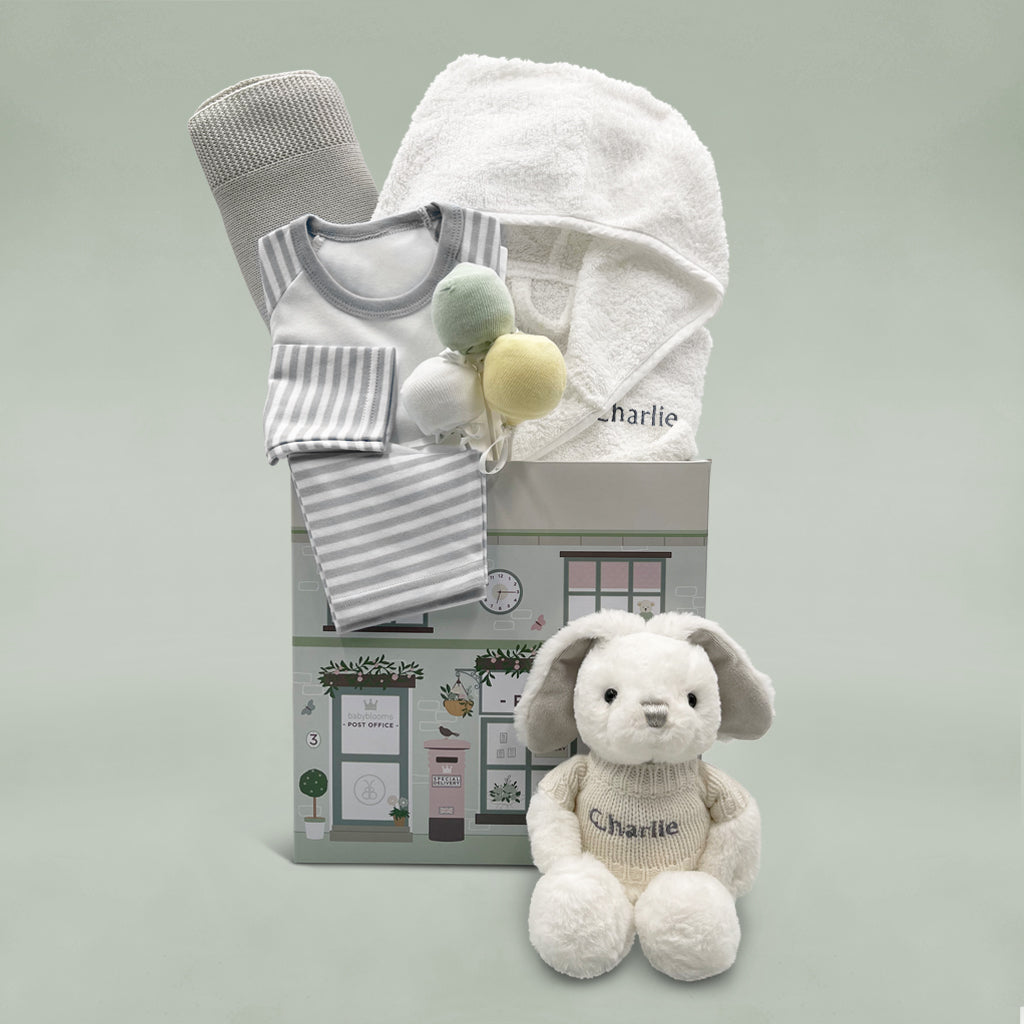 Personalized White Baby Bathrobe & Sleepy Time Hamper Set - Neutral Gender Bunny Theme for Newborns 0-12 Months | Perfect Baby Shower Gift & Nursery Essentials