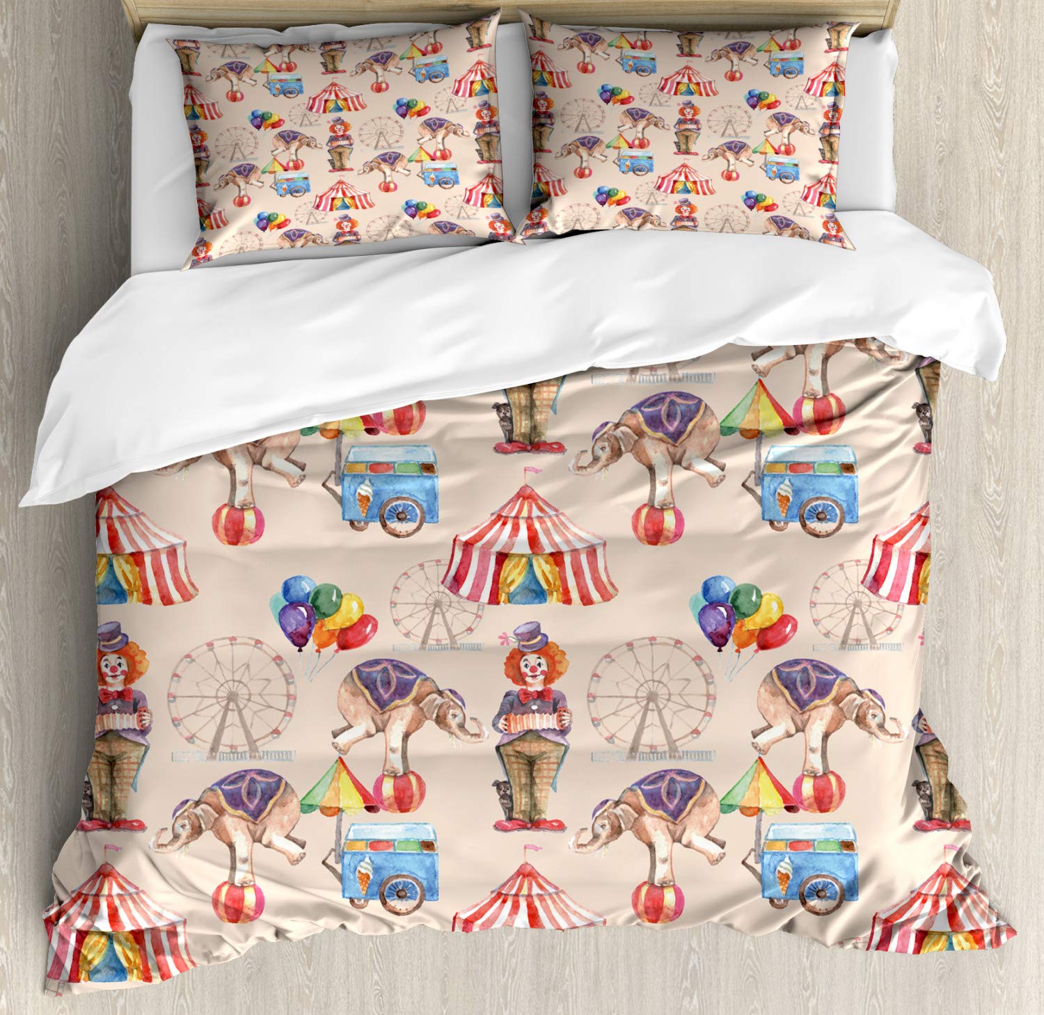 Ambesonne Ferris Wheel Duvet Cover Set - King Size 3-Piece Bedding with Watercolor Circus Design (Elephant, Tent, Clown & Balloons) | Pale Peach Multicolor | Perfect for Kids' Rooms, Nursery Decor & Themed Bedrooms