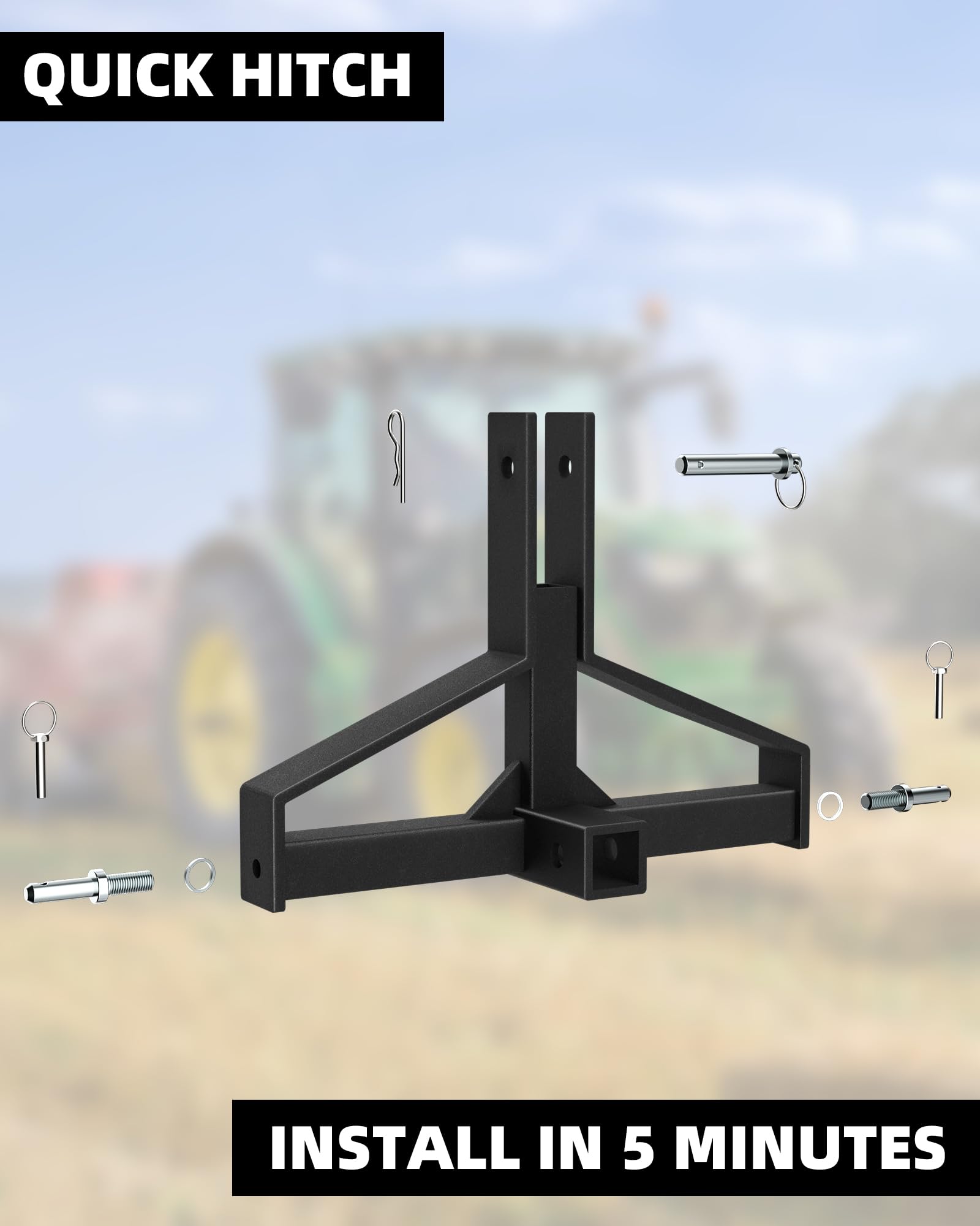 Heavy Duty GARVEE 3 Point Quick Hitch Receiver - Category 1 Tractor Compatible, 2 Receiver Quick Hitch for Farm Equipment & Subcompact Trailer Attachments - Perfect for Towing, Plowing & Agricultural Work