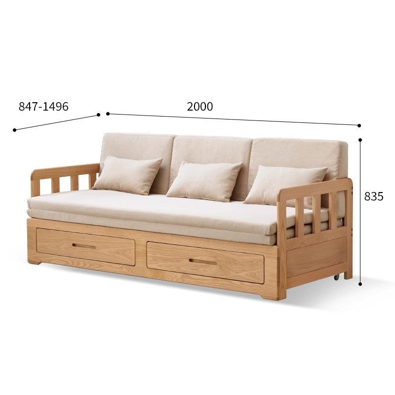 Solid Oak Wood Sofa Bed with Folding & Retractable Storage | Convertible Sleeper for Small Spaces, Guest Rooms & Apartments