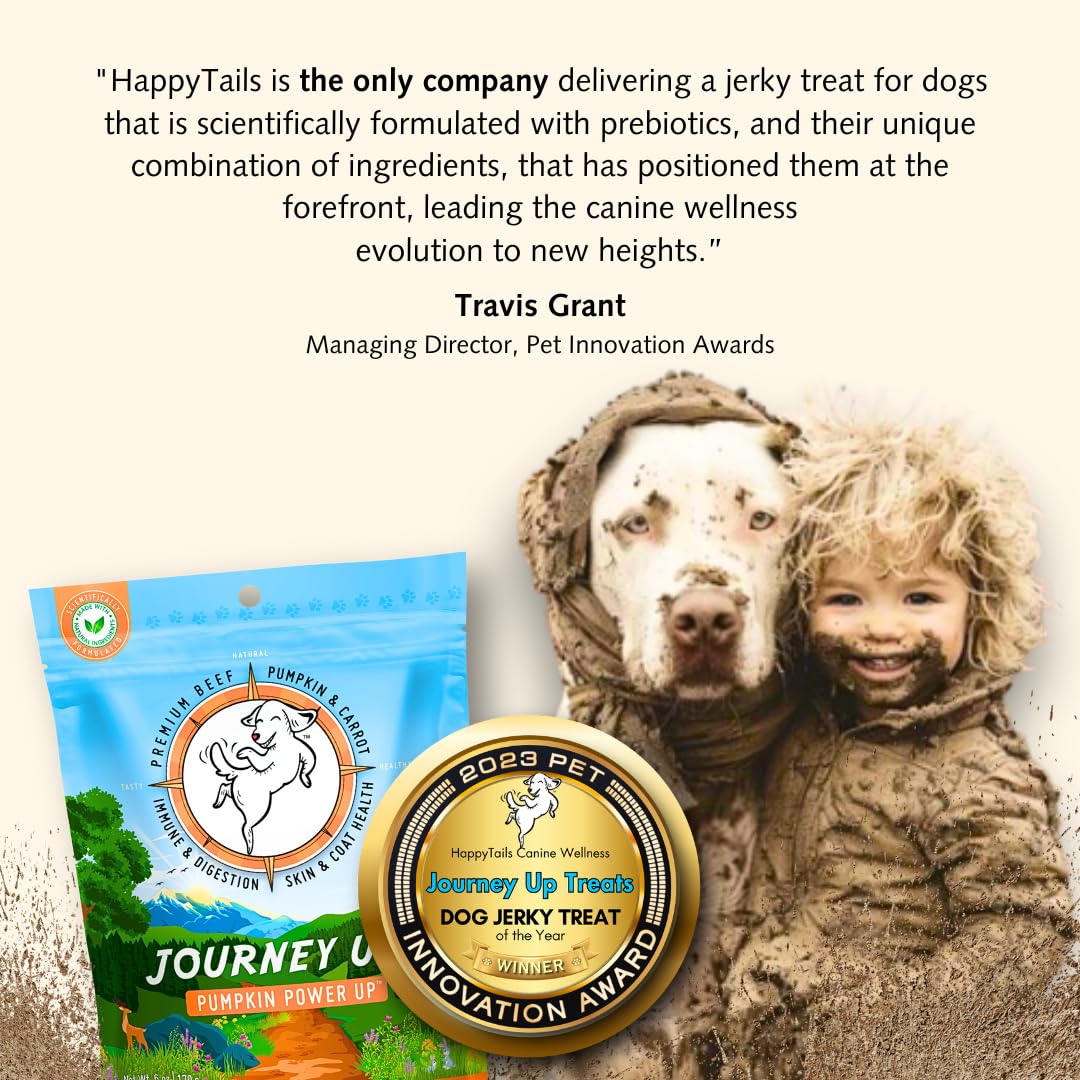 HappyTails Pumpkin Power Up Jerky Treats for Dogs - Beef, Pumpkin & Carrots Recipe - Made in USA - Supports Gut Health with Prebiotics - Promotes Skin & Coat with Omega 3 & 6 - All Dog Sizes (6 oz) - Perfect for Training Rewards & Digestive Health Boosting