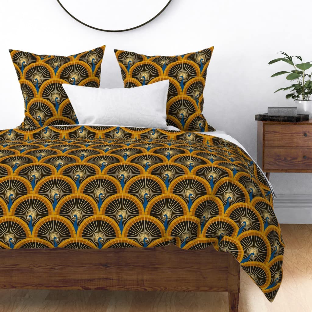 Custom Bird Green Blue Gold Art Deco Peacocks Print Cotton Sateen Duvet Cover Twin Size - Luxury Soft Bedding for Modern Bedroom Decor, Home Styling & Guest Room Essentials