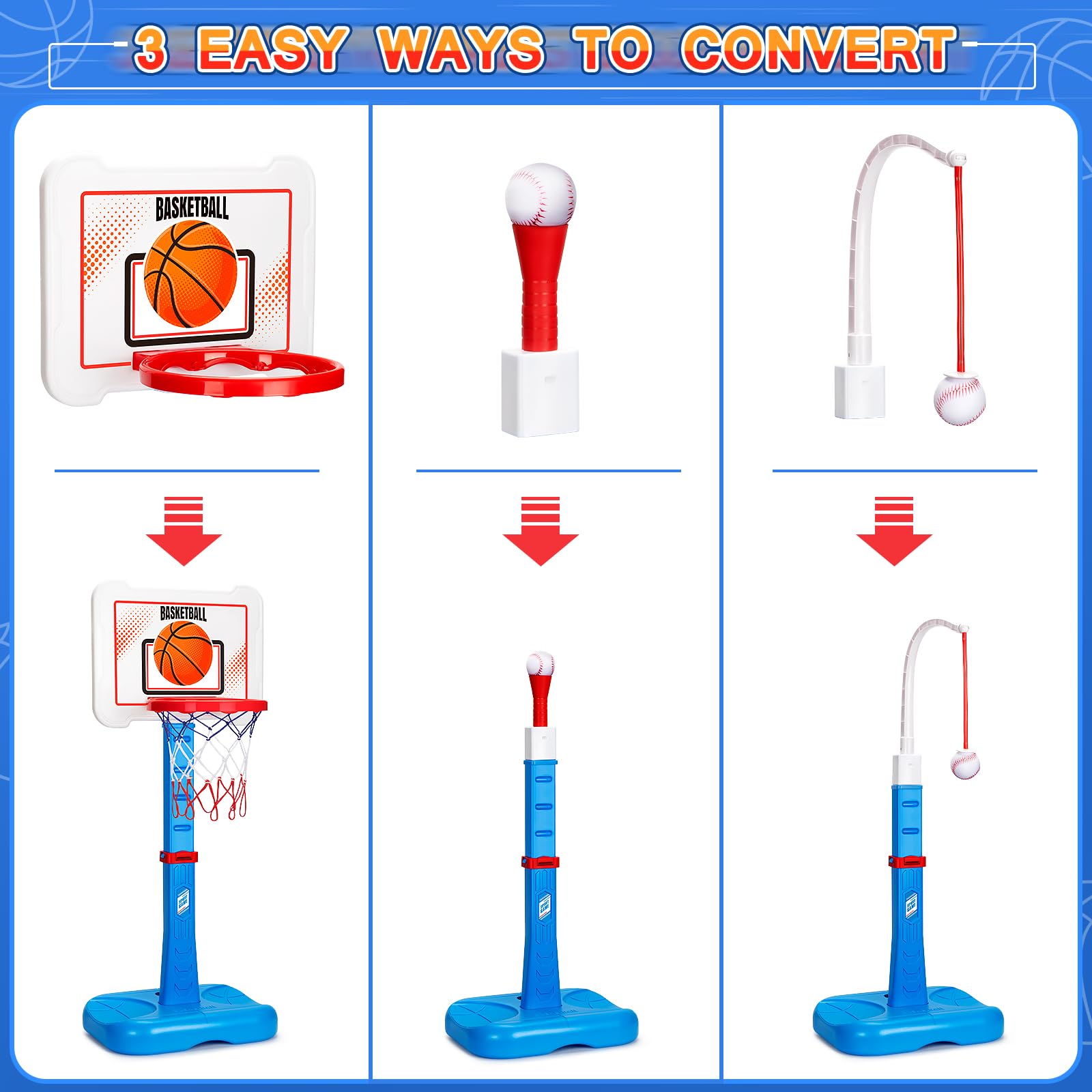 3-in-1 Adjustable Height Kids Basketball Hoop & T-Ball Set - Indoor/Outdoor Sports Toy for Toddlers Ages 3-5 - Perfect Birthday Gift for Boys & Girls - Fun Backyard, Playroom & Park Activities