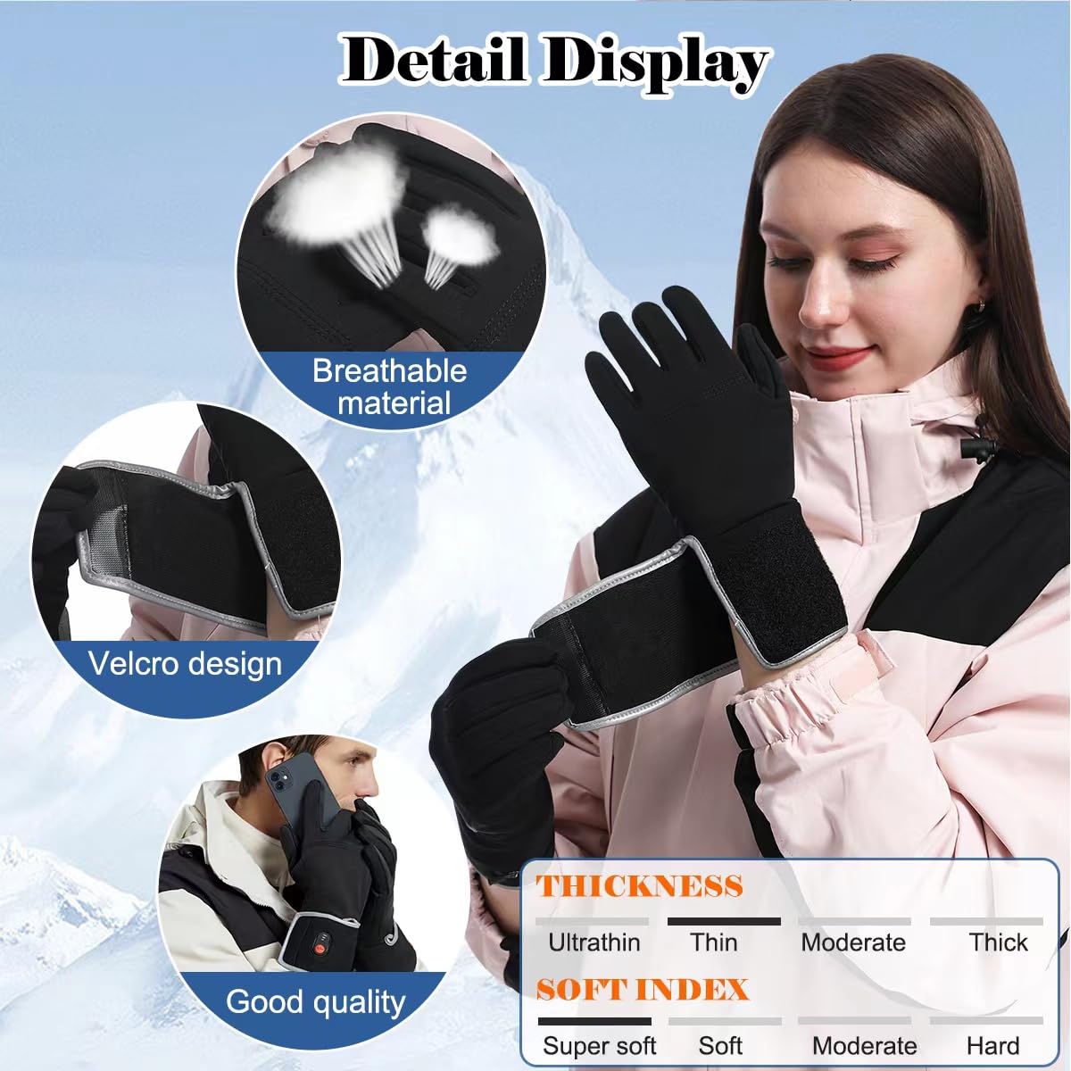 Rechargeable Battery Heated Glove Liners for Men & Women - Thin Electric Gloves with Power Indicator for Typing, Running, Cycling - Perfect for Winter Sports, Outdoor Activities & Cold Weather Commuting