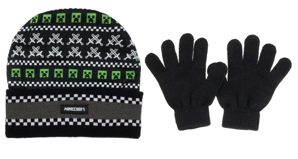 Minecraft Creeper Swords Fair Isle Boys Beanie Hat & Gloves Set - Black - Perfect for Winter Gaming & Outdoor Adventures