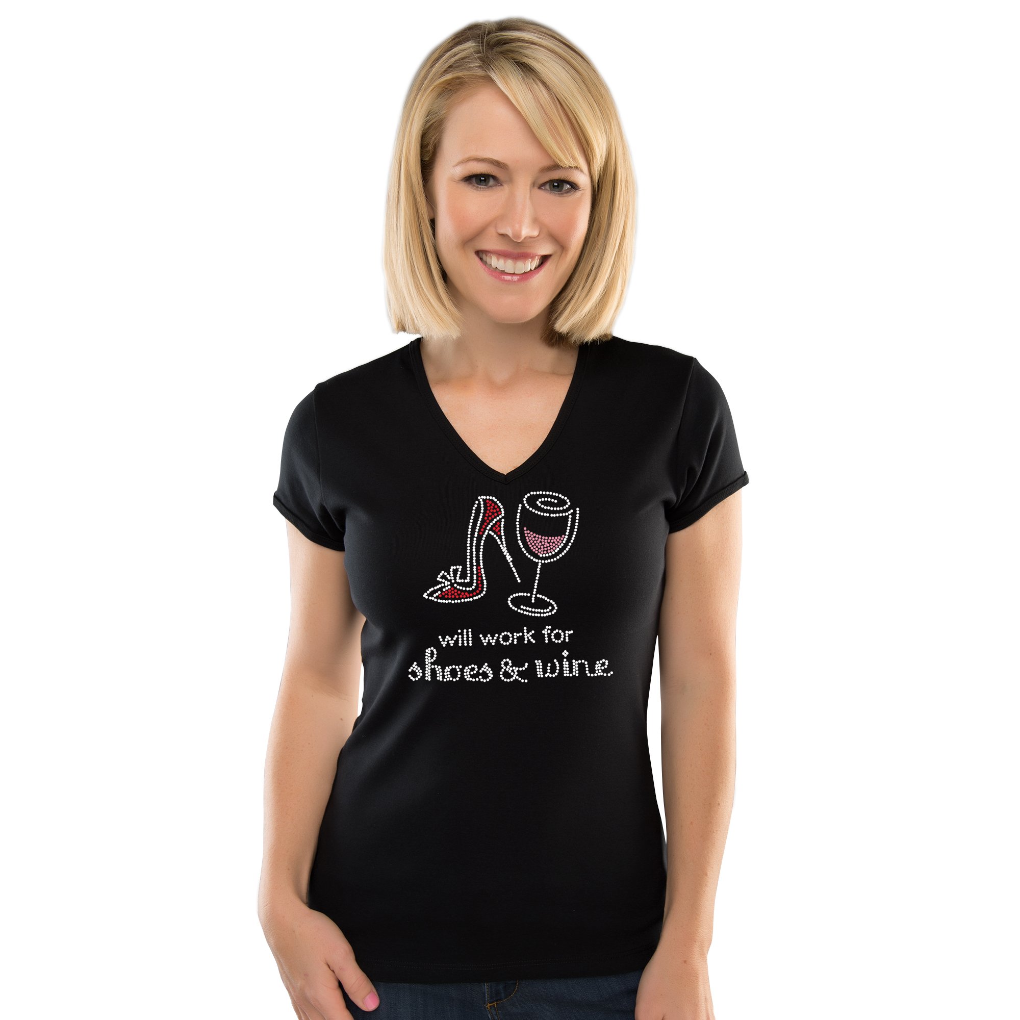 Chris's Stuff Women's Rhinestone V-Neck Cotton T-Shirt - Short Sleeve Casual Tee - Black - Perfect for Summer Outfits, Parties & Everyday Wear