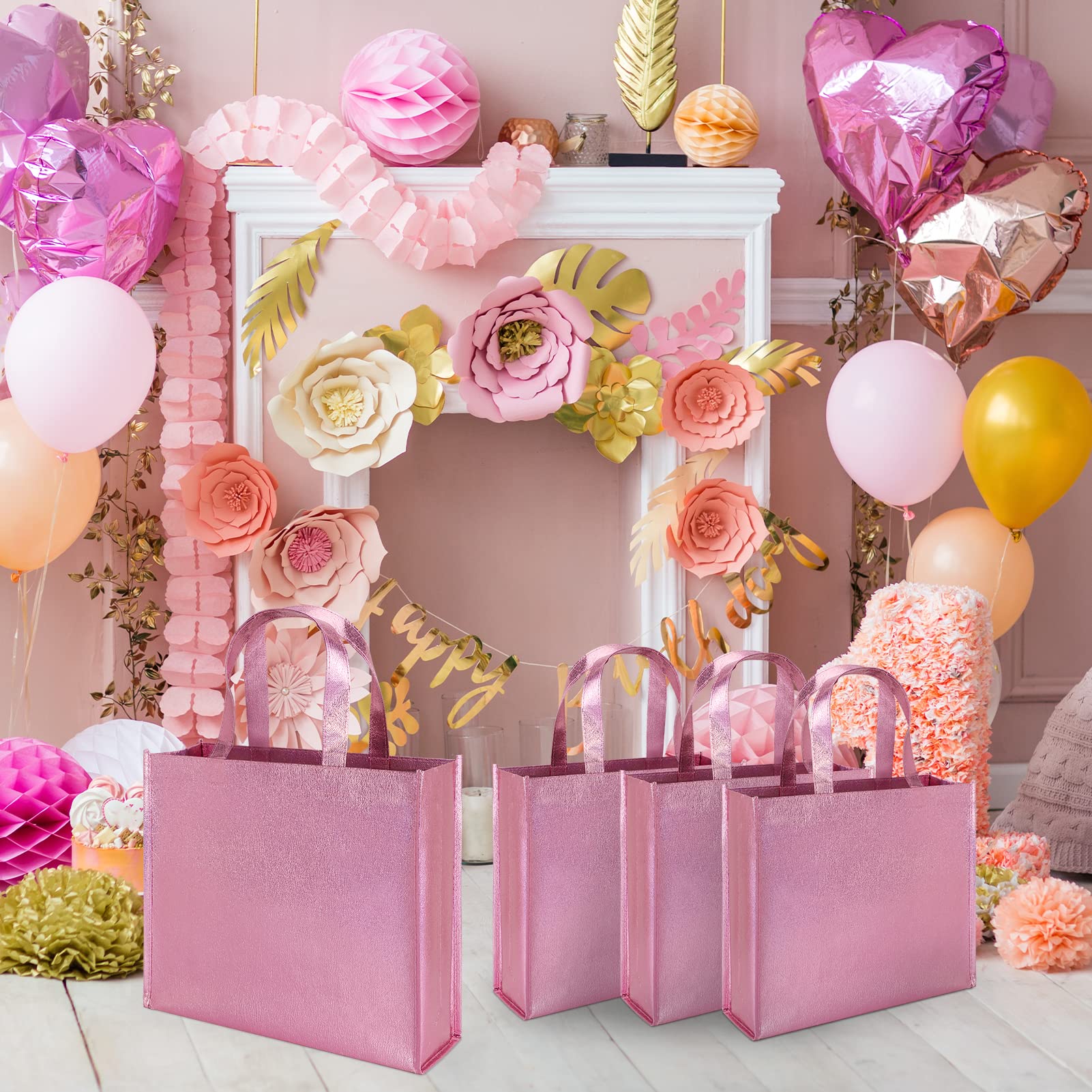 PHOGARY 12 Pack Large Pink Gift Bags with Handles - Premium Non-Woven Fabric Reusable Party Favor Bags for Birthday, Bachelorette, Wedding & Bridal Shower | Perfect for Gift Wrapping, Party Favors & Goodie Bags