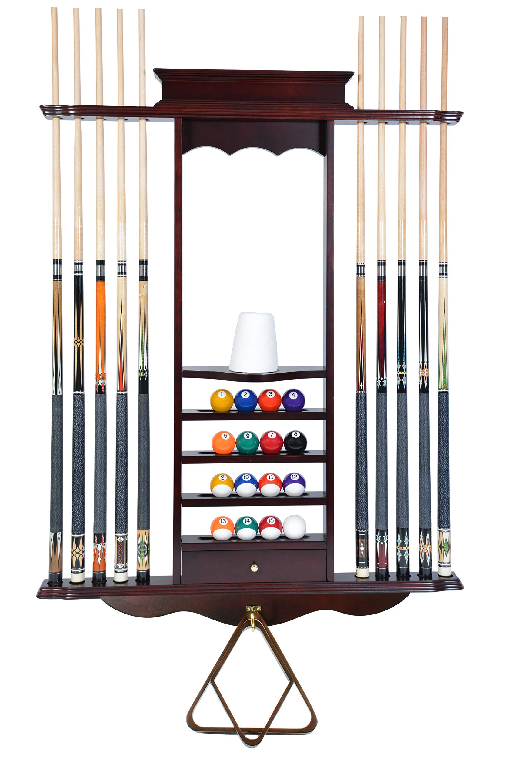 Premium Billiard Cue Rack Wall Mount - Holds 10 Pool Sticks & Full Ball Set with Built-in Chalk Holders - Durable Billiards Accessories for Home Game Rooms, Bars & Pool Halls