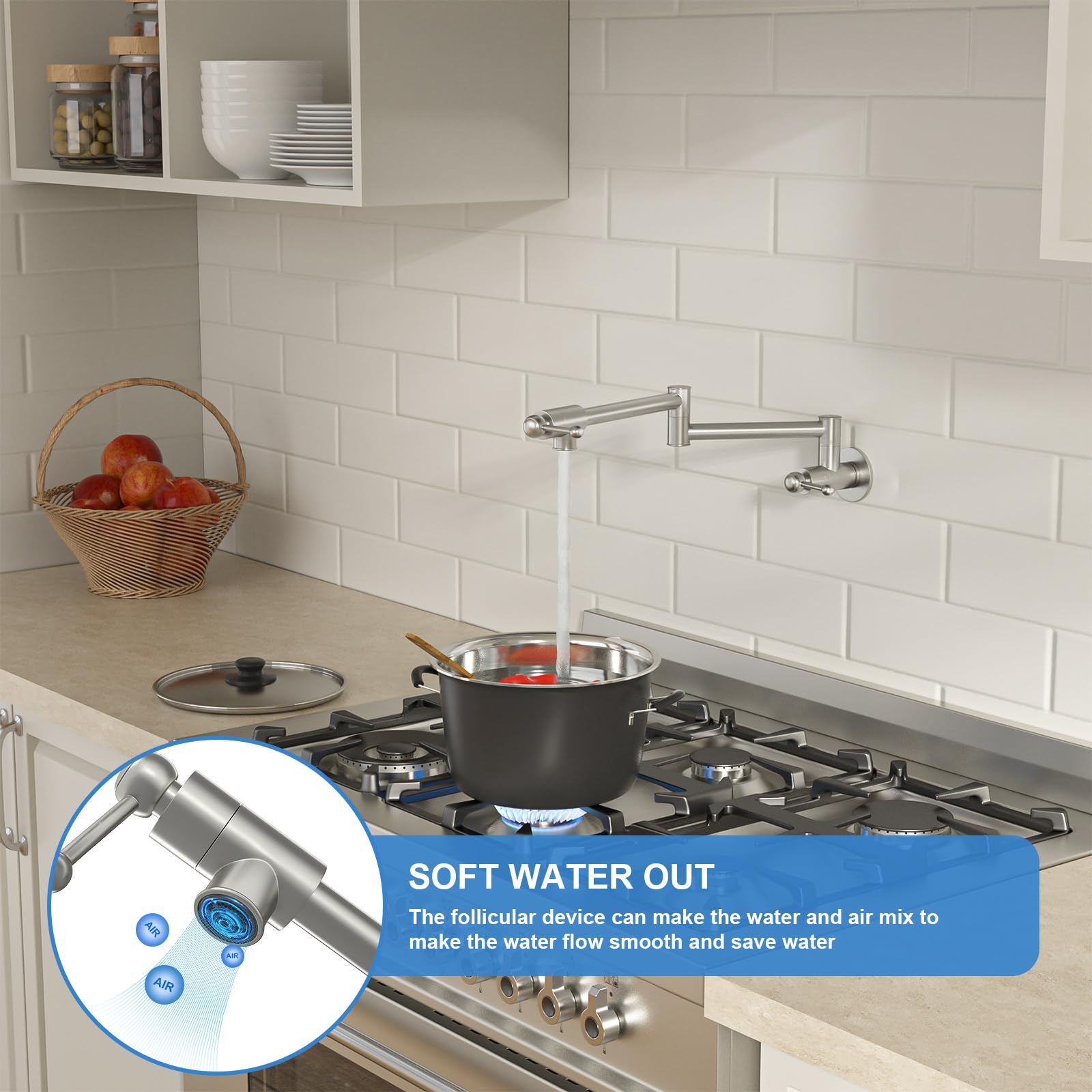 Lordear Solid Brass Wall Mount Kitchen Pot Filler Faucet - Brushed Nickel Finish, Foldable & Extendable Design with Dual Handles for Easy Water Filling | Perfect for Soup Pots, Pasta Cookers & Large Cooking Vessels