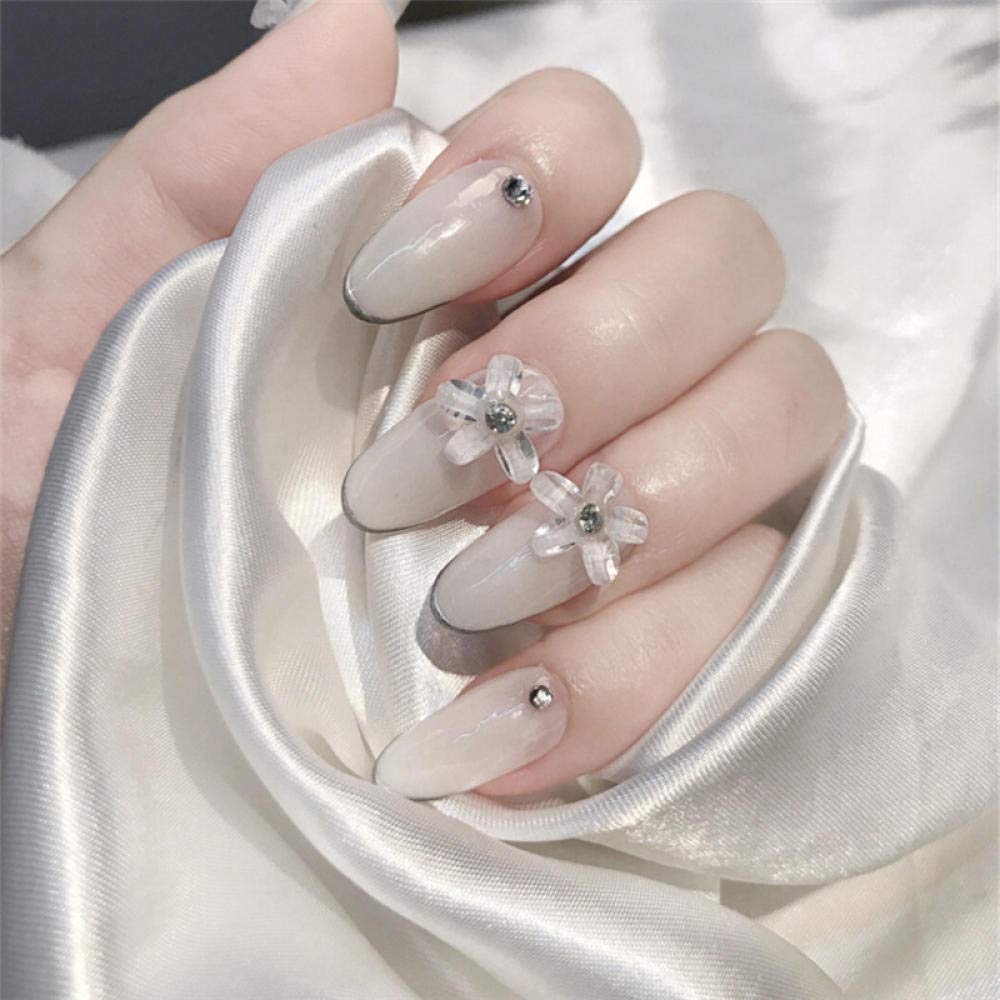 24pcs HUJL False Nails Set - Medium & Long White Press-On Nails with Round Flower Design for Wedding, Bridal, Manicure | Artificial Nail Art Tips for Beauty & Special Occasions