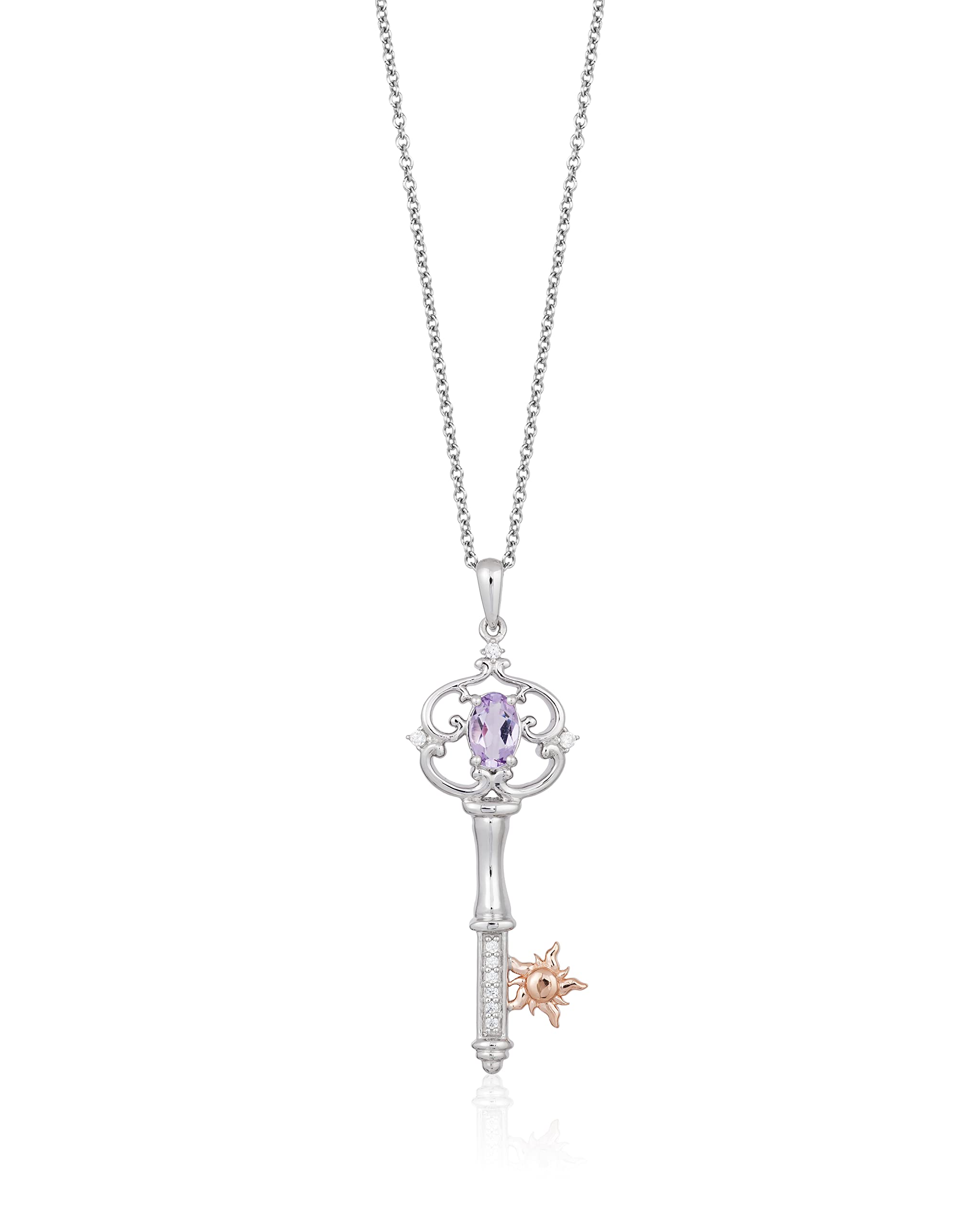 Enchanted Disney Rapunzel Key Pendant Necklace - 14K Rose Gold over Sterling Silver with 1/20 CTTW Natural Diamond & Rose-De-France - 18