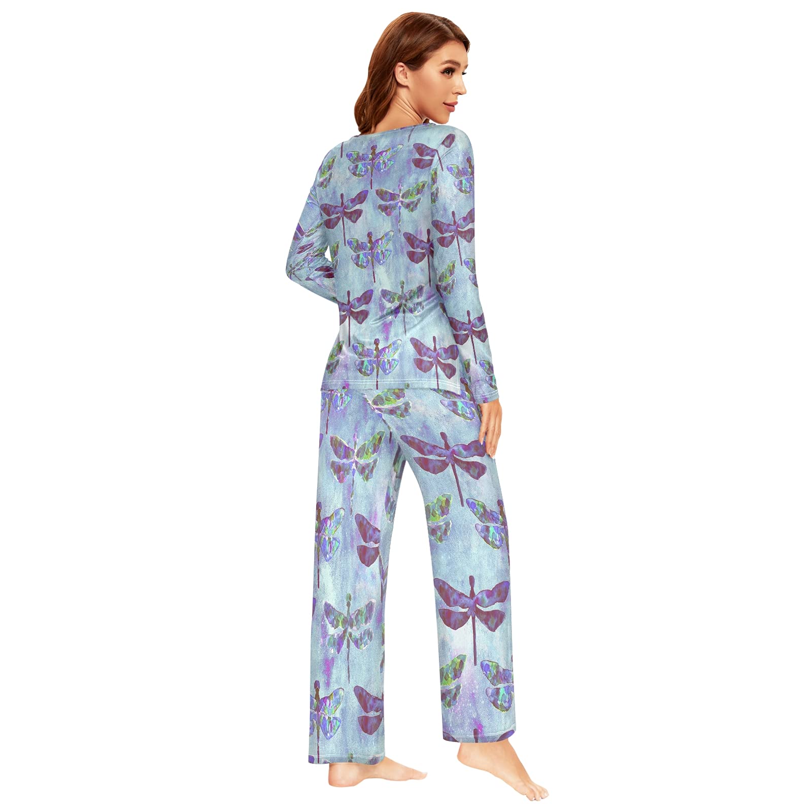 ALAZA Women's Dragonfly Watercolor Pajama Set - Soft 2-Piece Long Sleeve Sleepwear & Lounge Outfit for Cozy Nights, Relaxing at Home, and Gift Giving