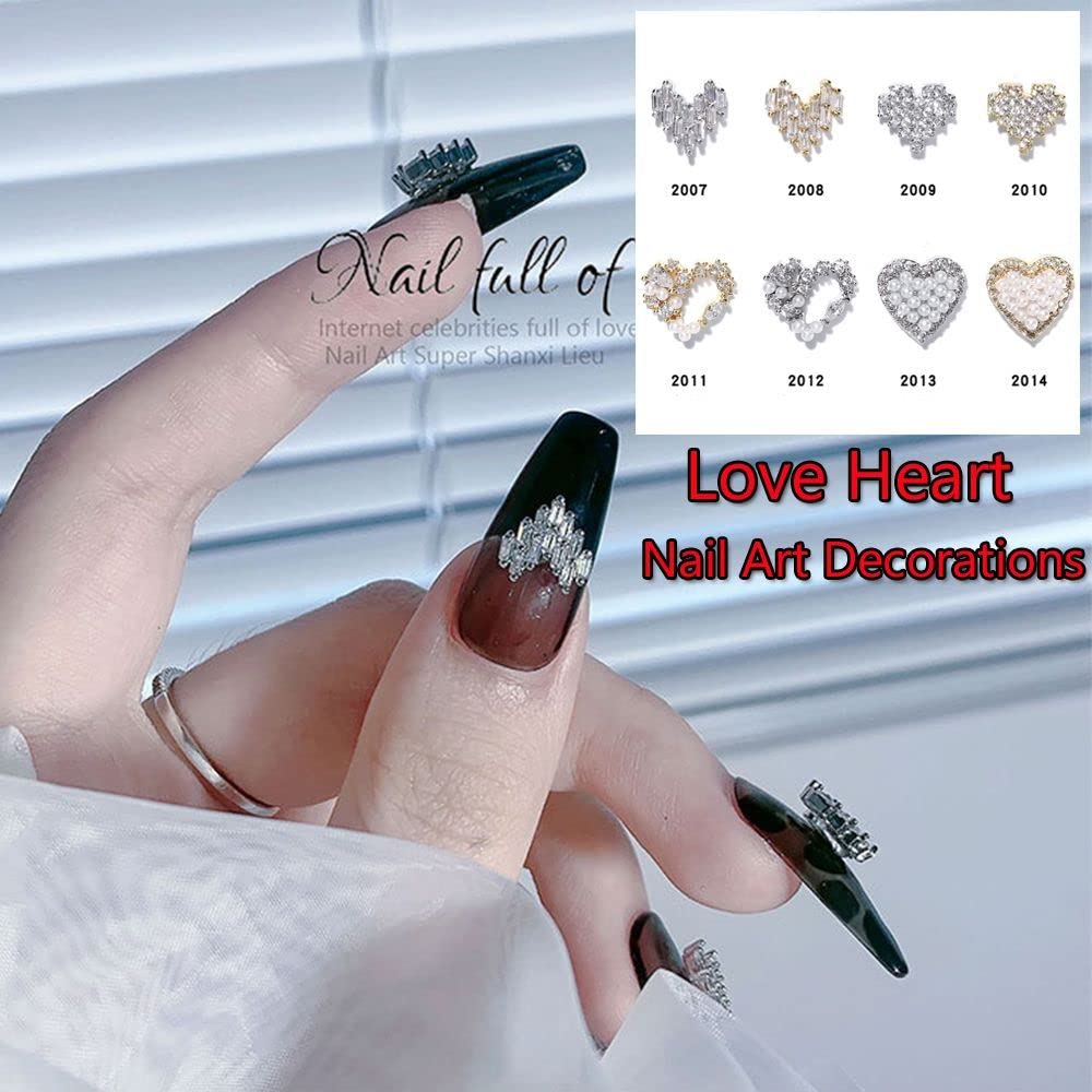8 PCS Sweet Nail Art Charms - 3D Heart Alloy Rhinestones with Pearl Jewelry Pendants for Nail Decoration | Perfect for DIY Manicures, Bridal Nails, and Special Occasion Nail Art