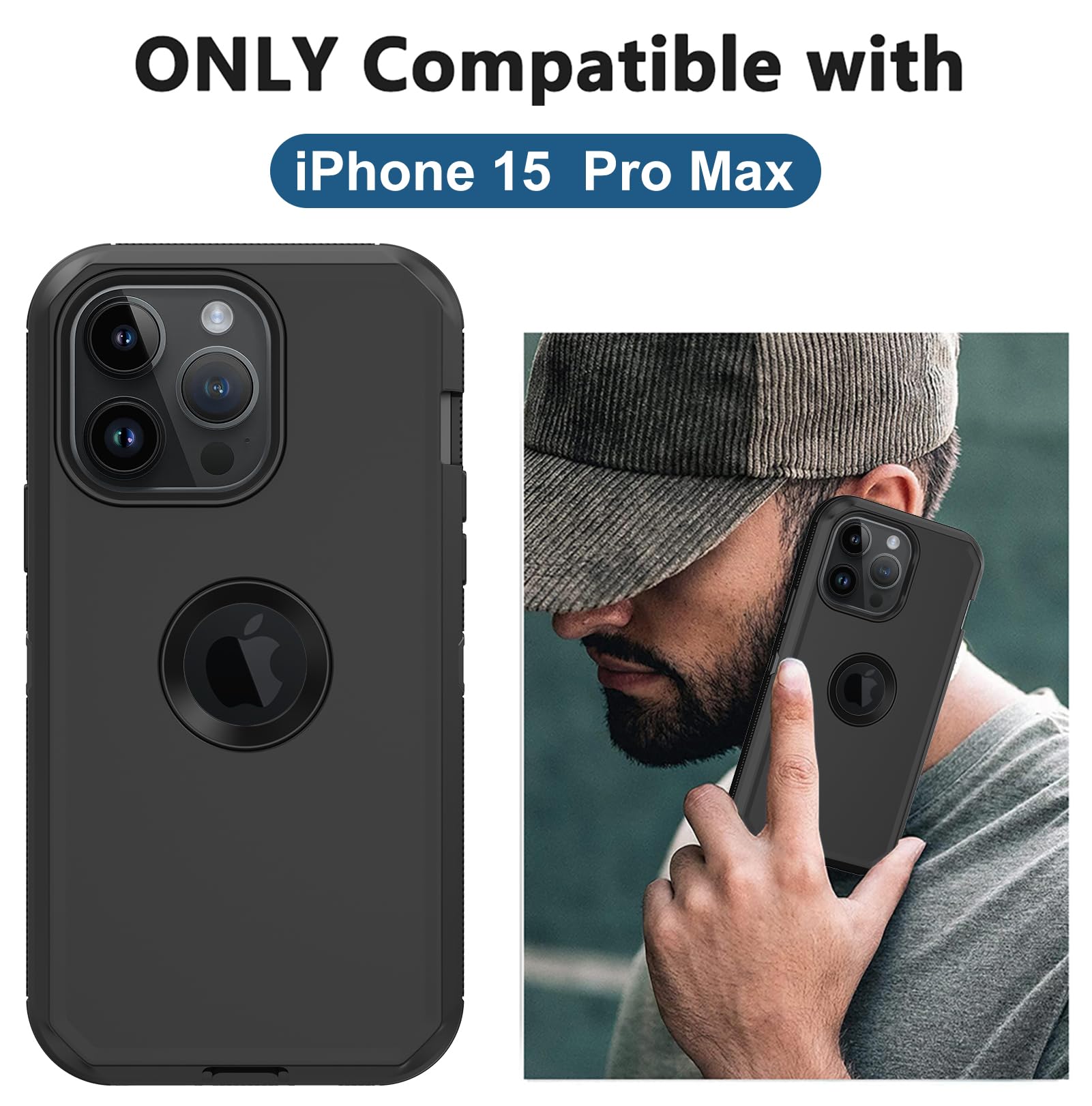 Rugged Shockproof iPhone 15 Pro Max Case with Built-in Screen Protector | Heavy Duty Drop Protection | Full Body Dustproof Protective Cover for Apple iPhone 15 Pro Max 6.7