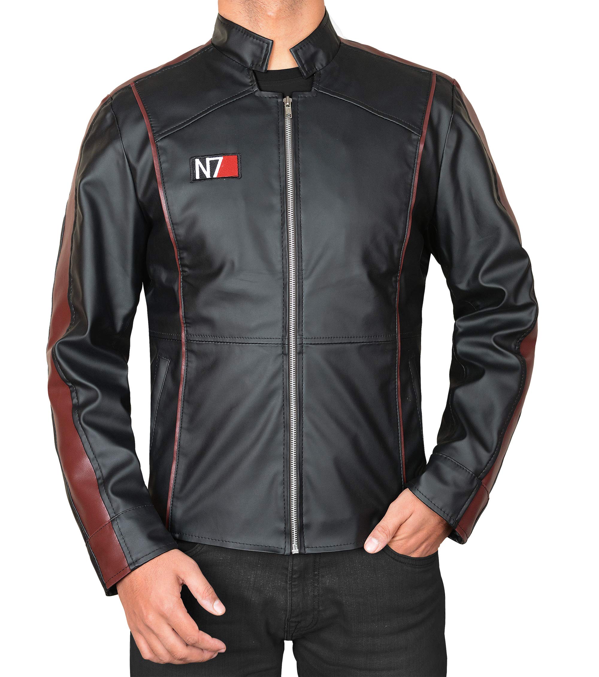 LP-FACON Men's N7 Jacket Mass Effect 3 Commander Shepard Costume - Black Biker Style Faux Leather Jacket with Fleece Lining | Video Game Cosplay, Halloween Costume, Sci-Fi Convention Outfit