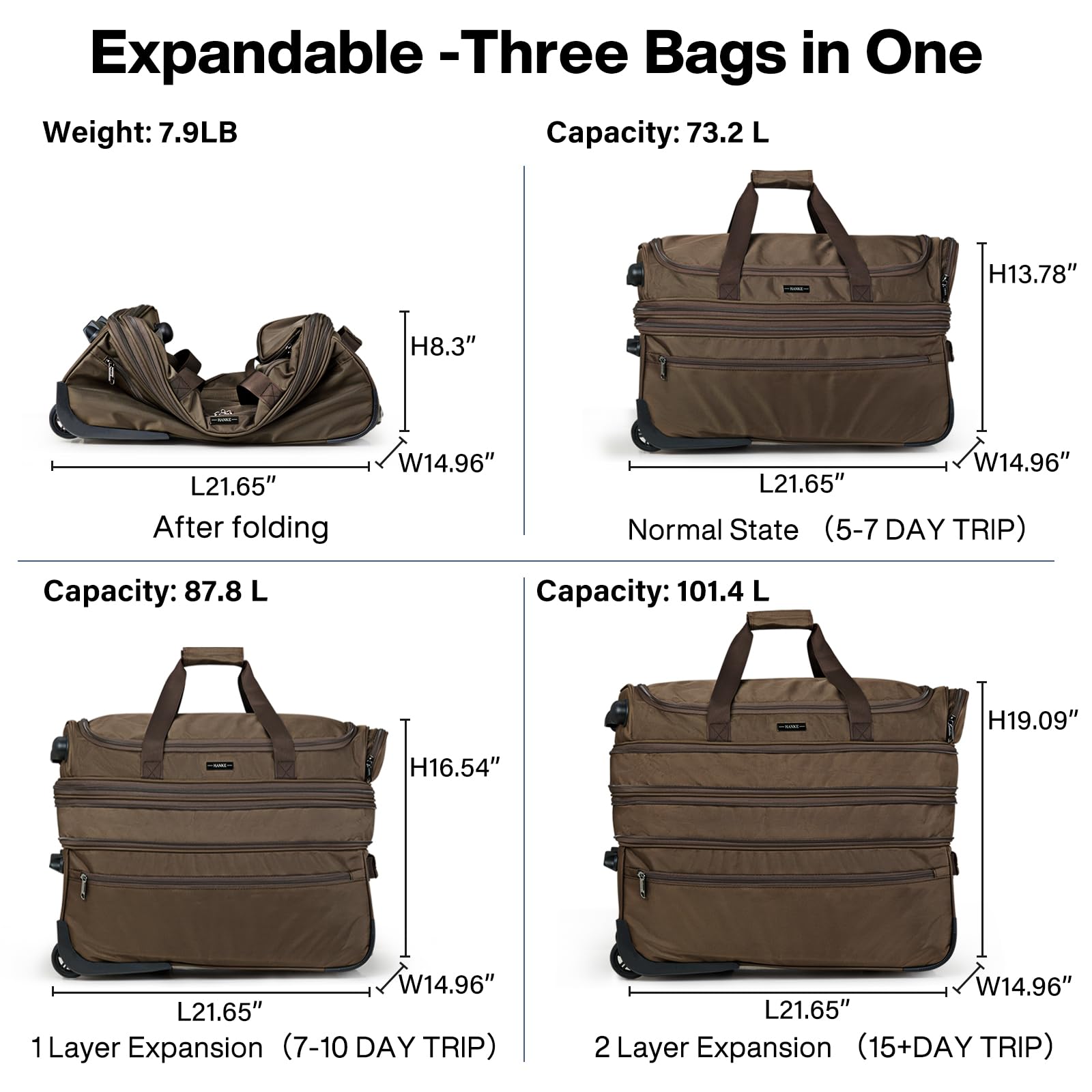 22 Inch Expandable Checked Luggage with Wheels - Foldable Duffle Bag Suitcase for Travel, Weekend Trips | Carry-On & Checked Bag for Women & Men (Coffee Brown) - Perfect for Air Travel, Road Trips & Business Trips